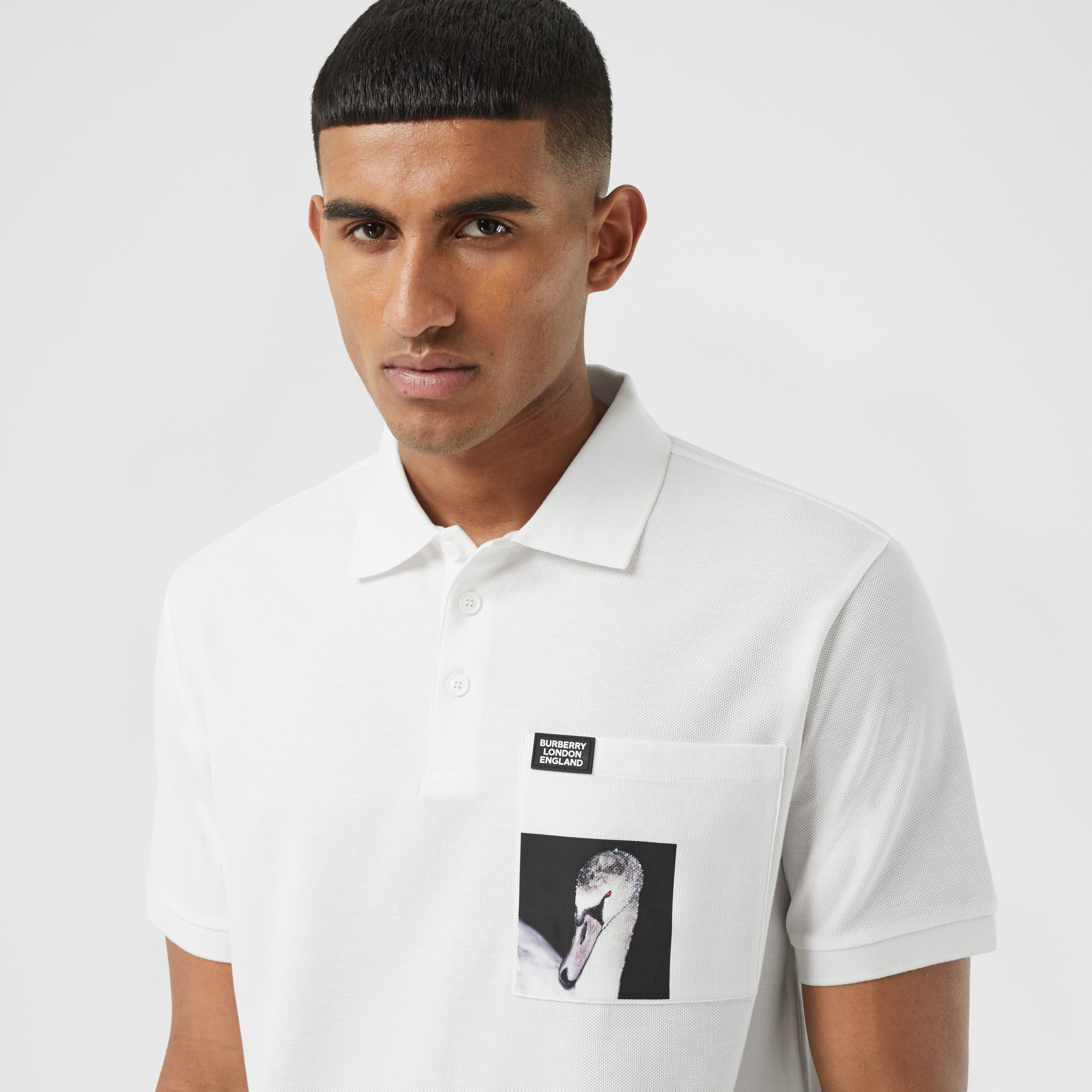 Swan Print Cotton Polo Shirt in White - Men | Burberry