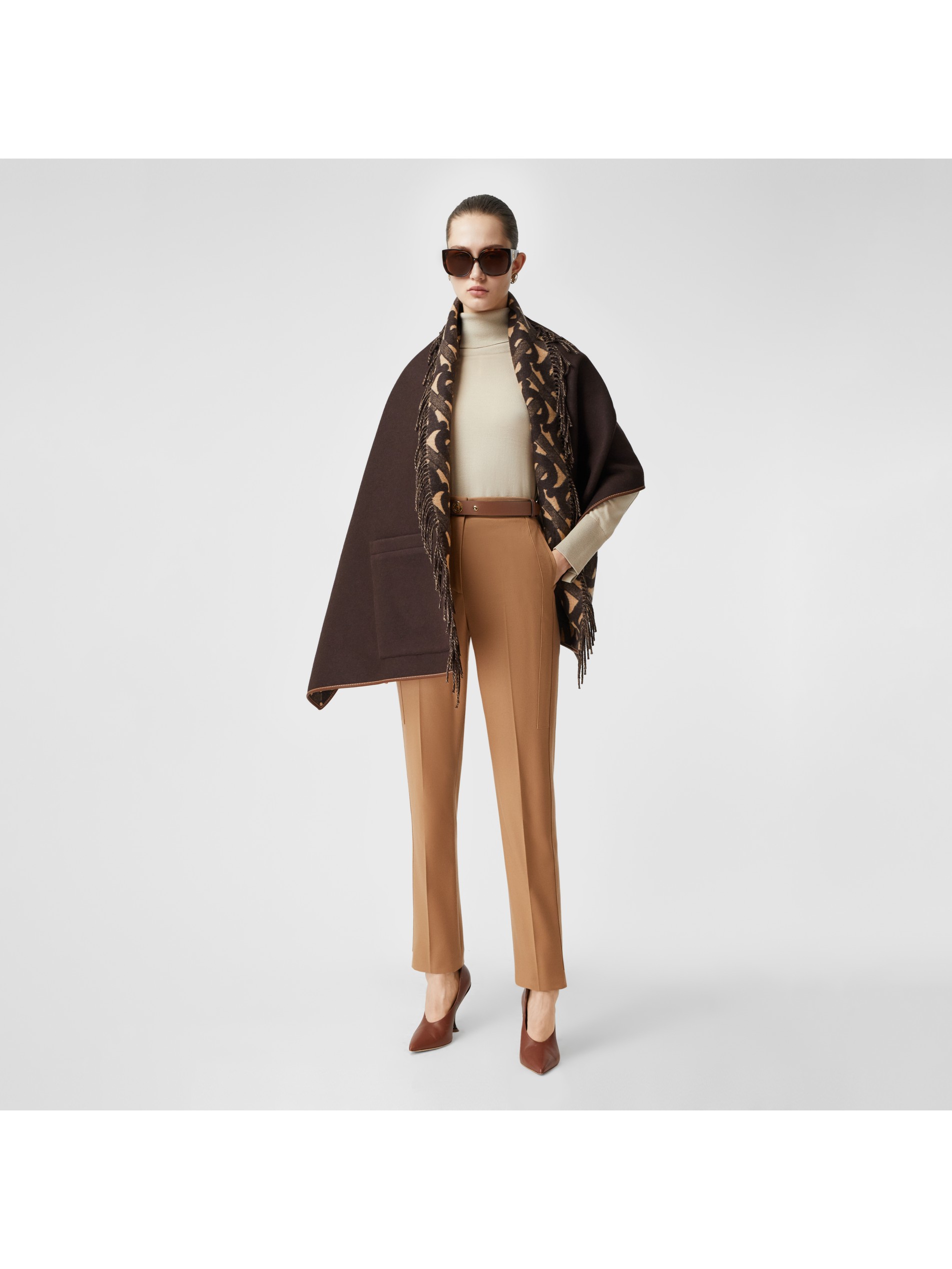 专属标识美利奴羊毛混纺提花披肩 (深棕色) - 女士 | burberry 博柏利