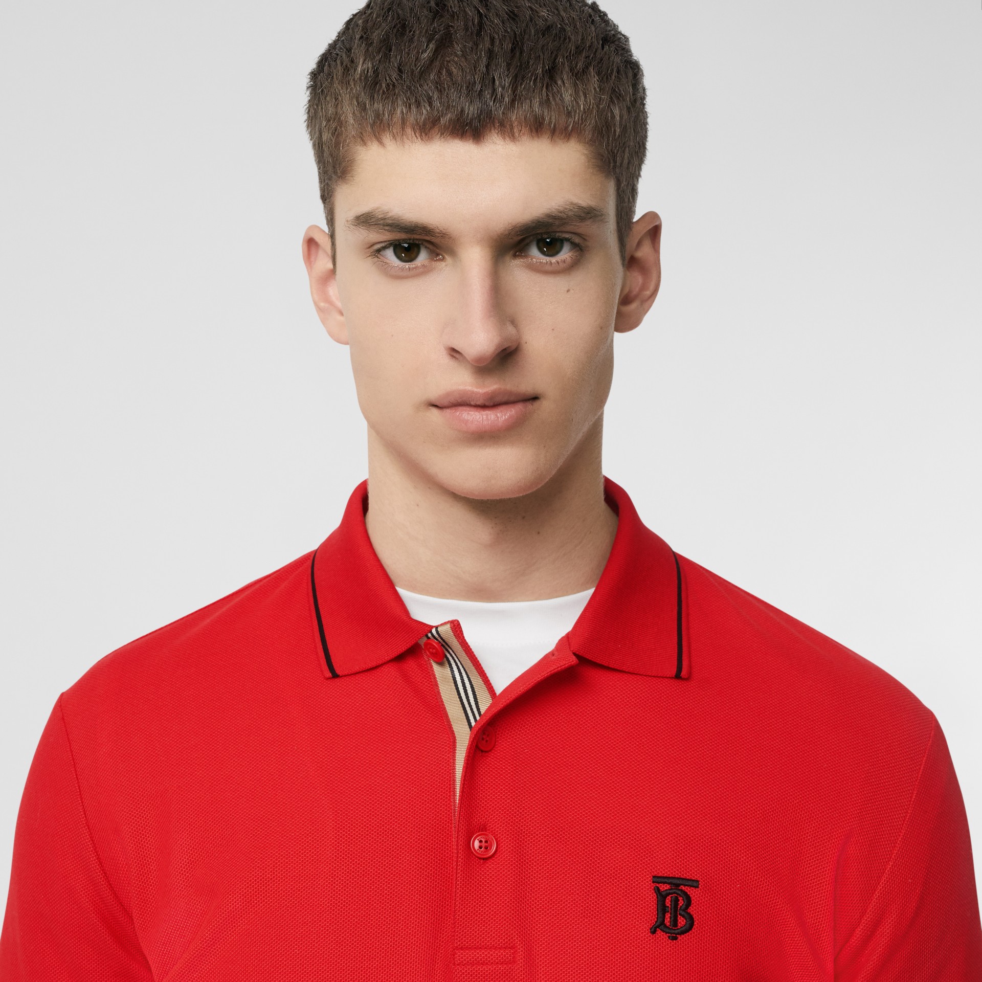 Icon Stripe Placket Cotton Piqué Polo Shirt in Bright Red - Men ...