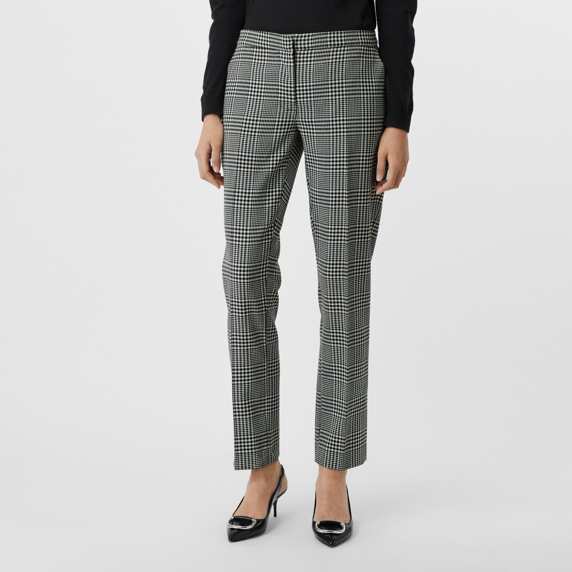 Straight Fit Prince of Wales Check Wool Trousers in Mist Green - Women ...