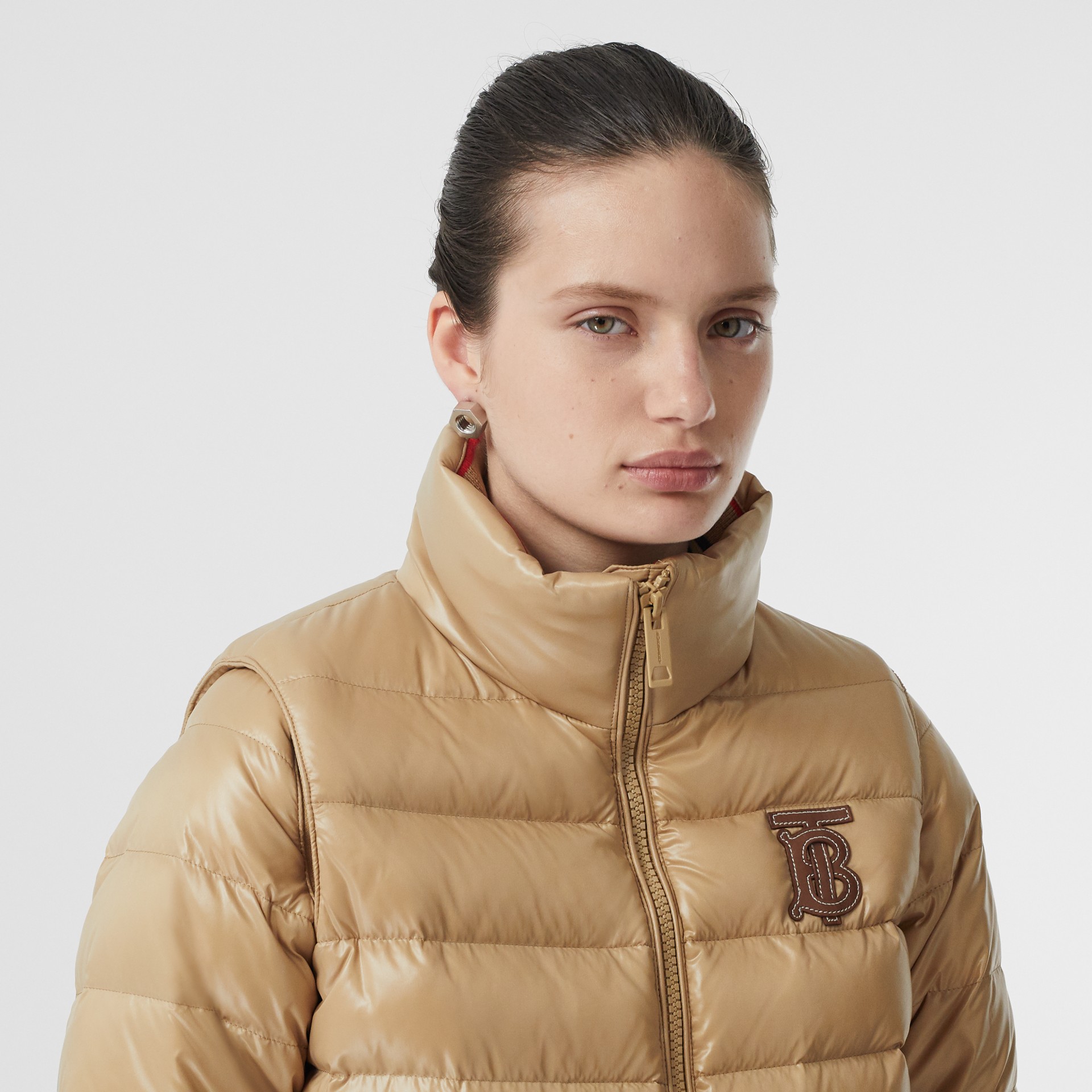 Detachable Sleeve Icon Stripe Detail Puffer Jacket in Honey Women