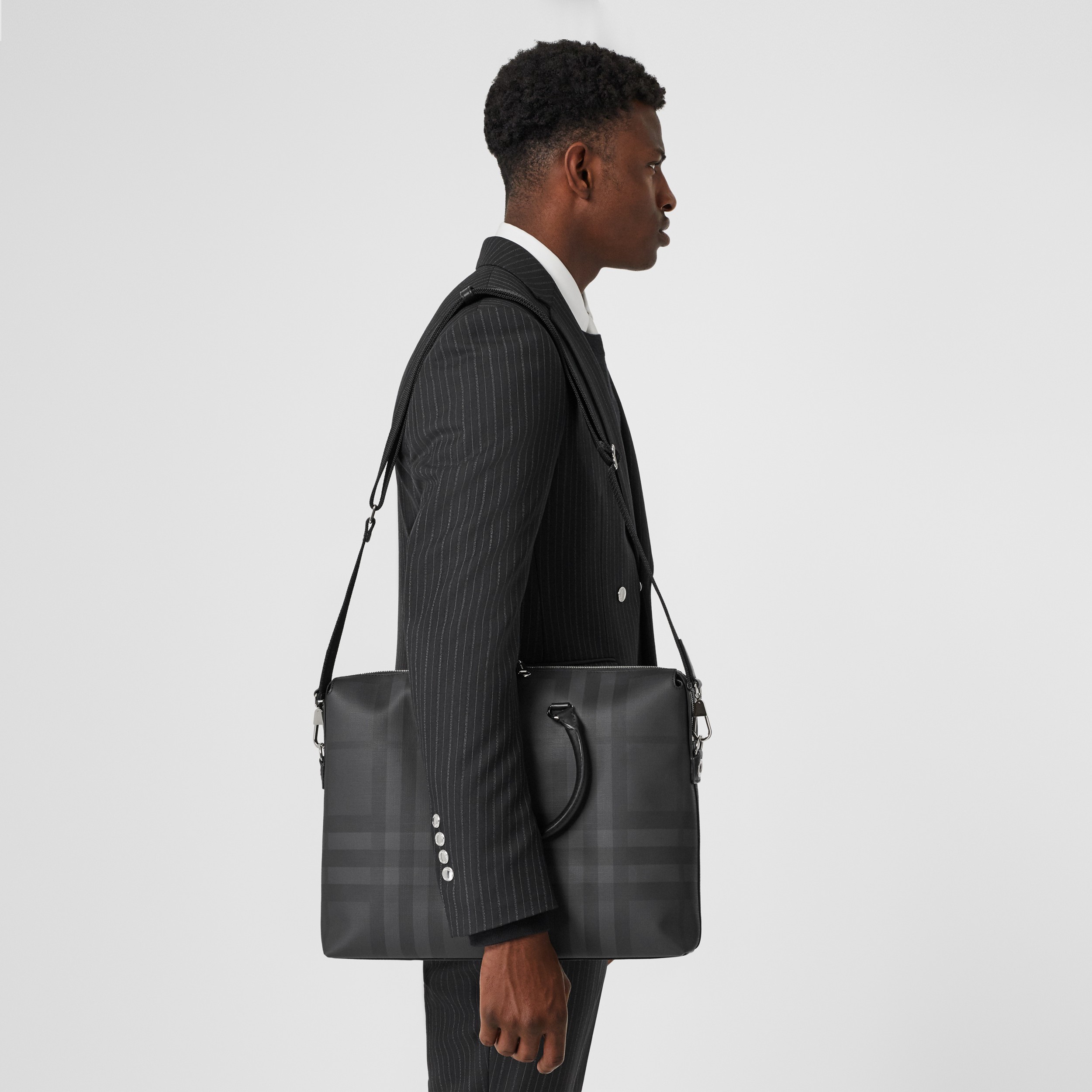 Large London Check and Leather Briefcase in Dark Charcoal - Men ...