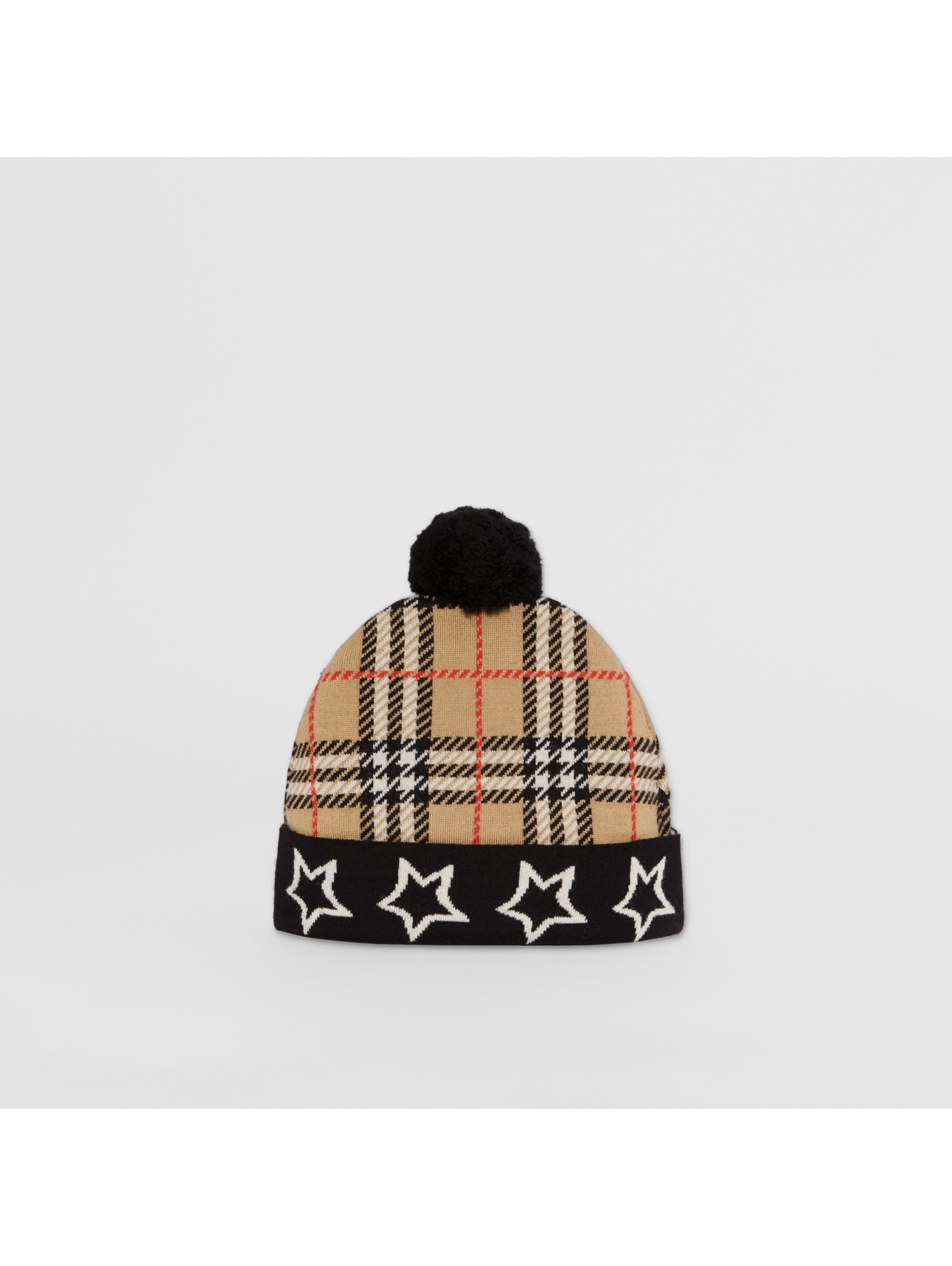 Bonnet en jacquard de laine mérinos check avec étoiles in Beige D'archive