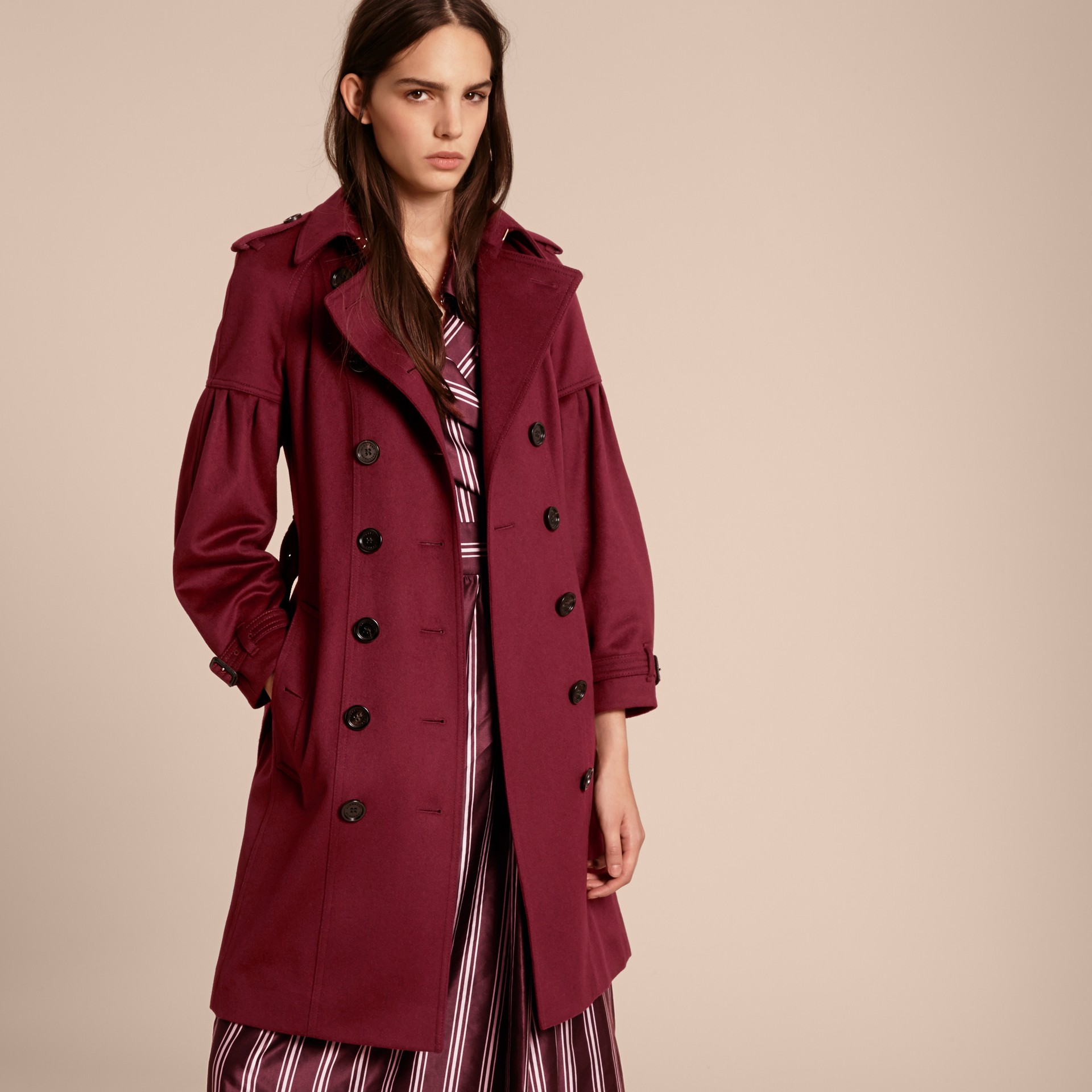 Cashmere Trench Coat with Puff Sleeves in Burgundy | Burberry United States