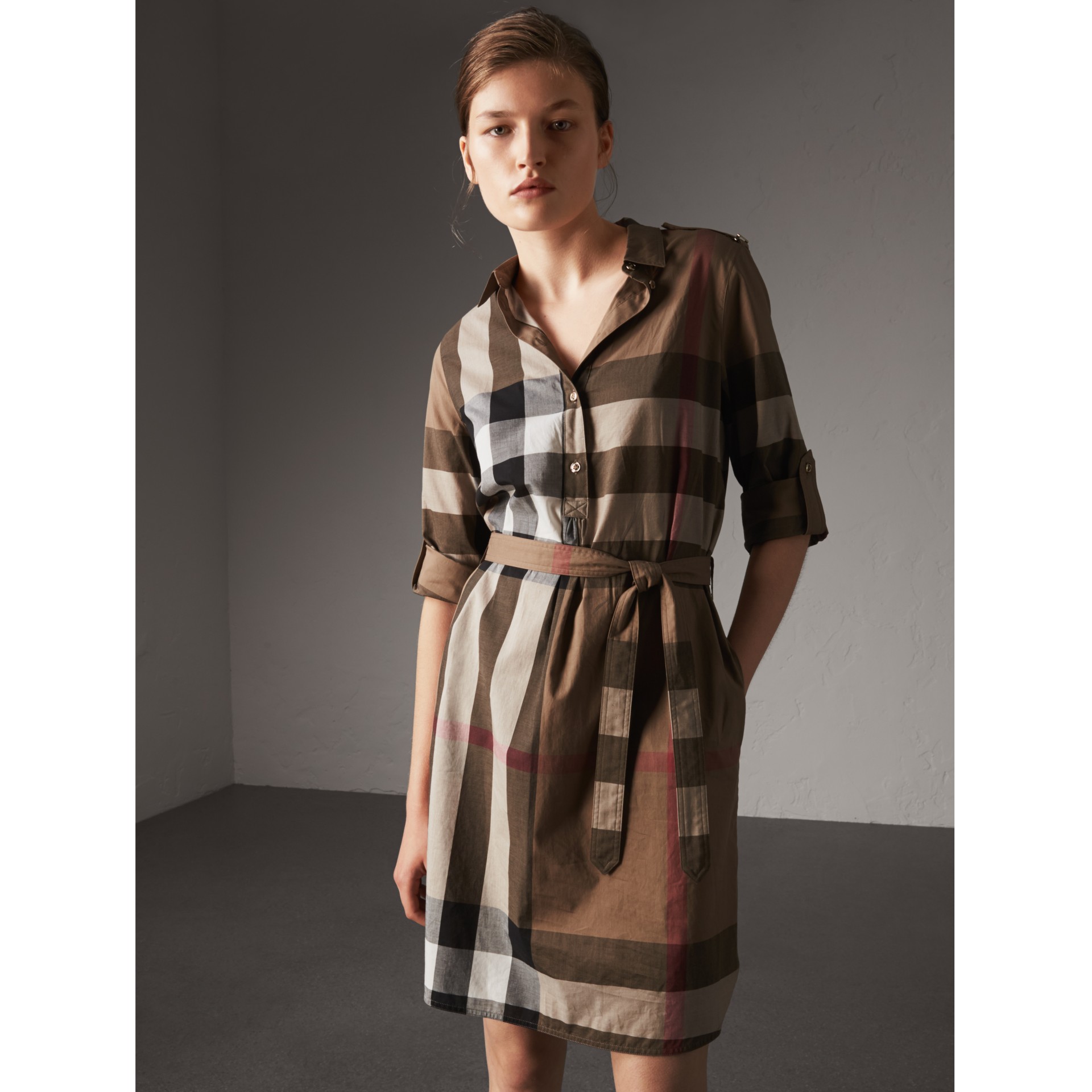 Check Cotton Shirt  Dress  in Taupe Brown Women  Burberry  