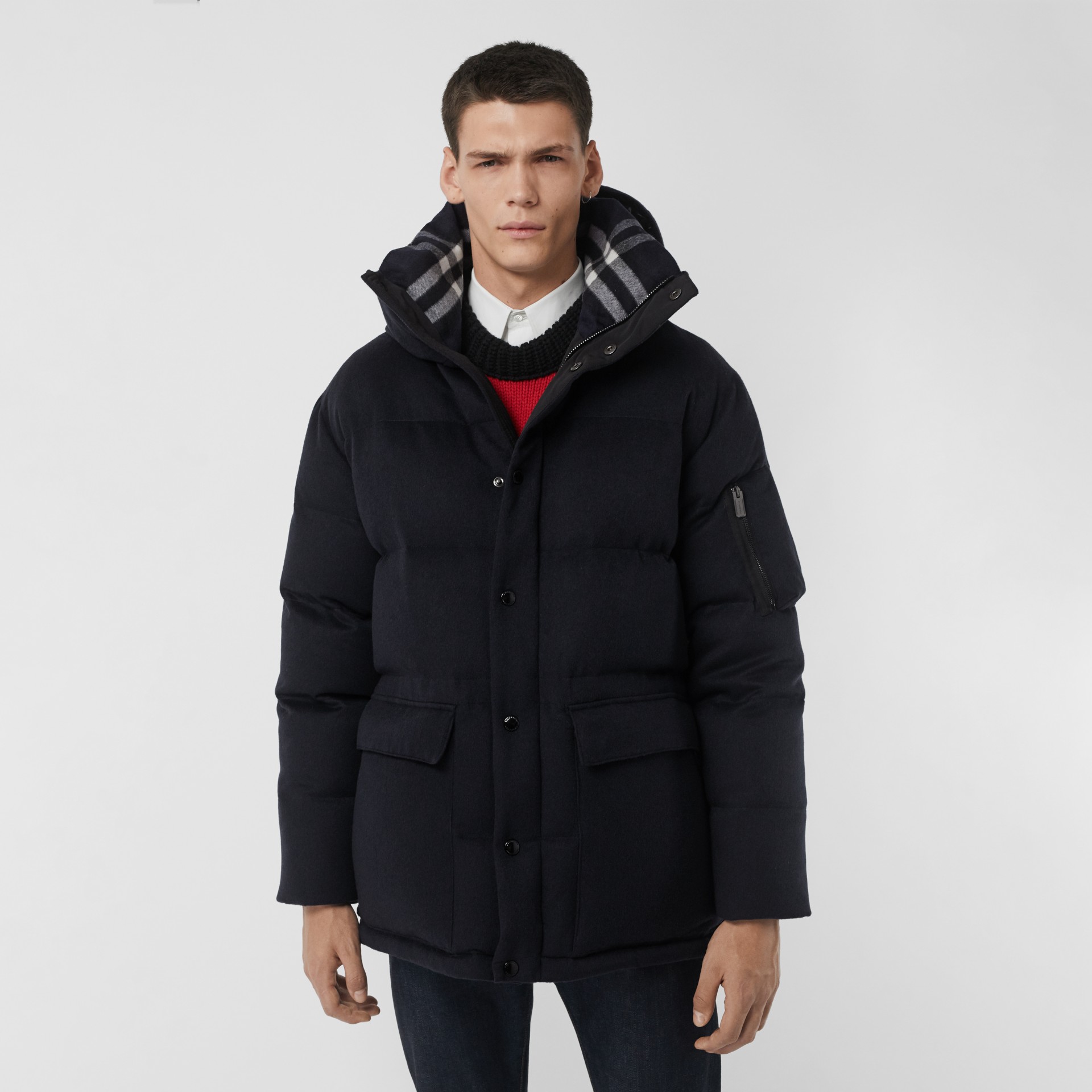 Cashmere Down-filled Hooded Jacket in Navy Melange - Men | Burberry ...