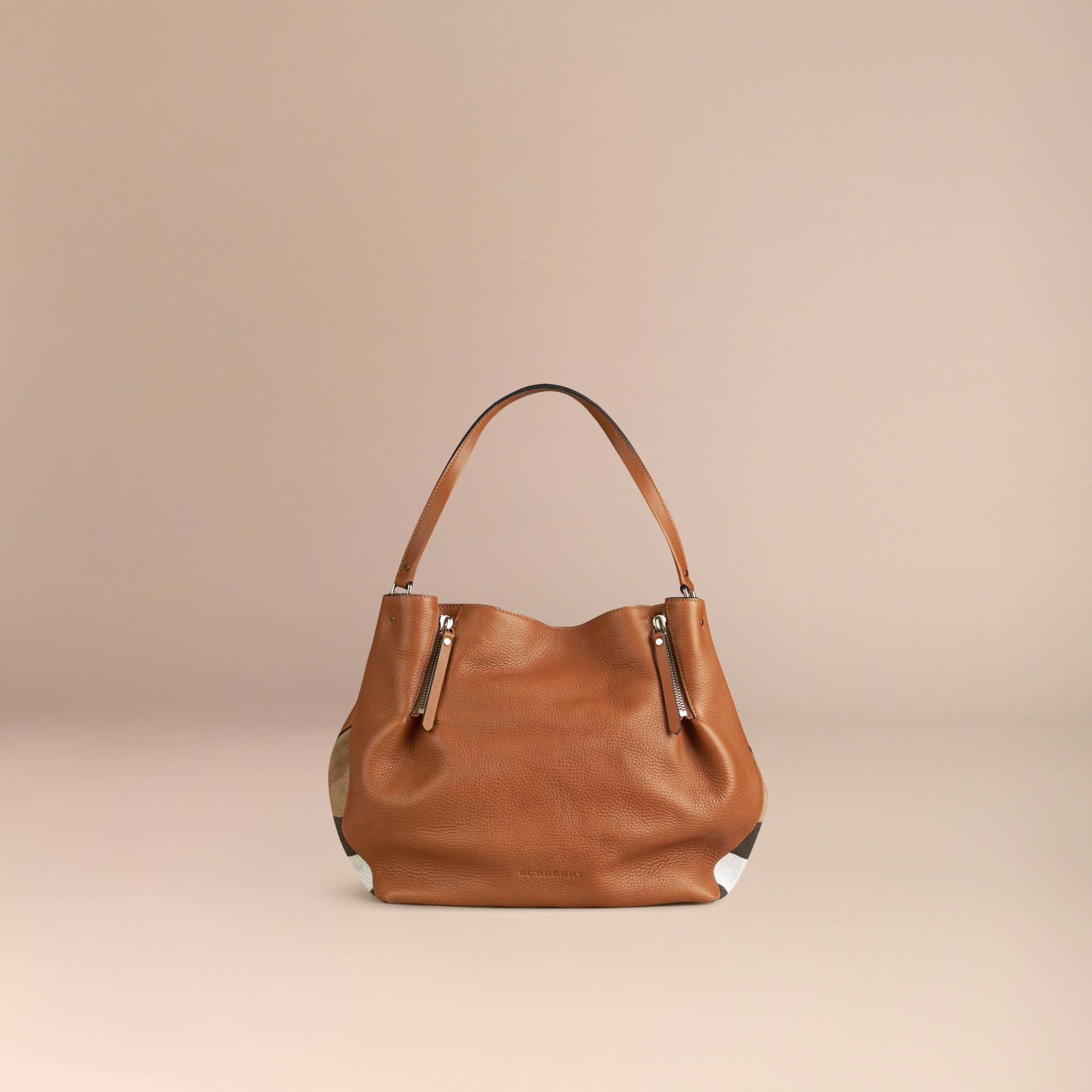 Medium Check Detail Leather Tote Bag Saddle Brown Burberry