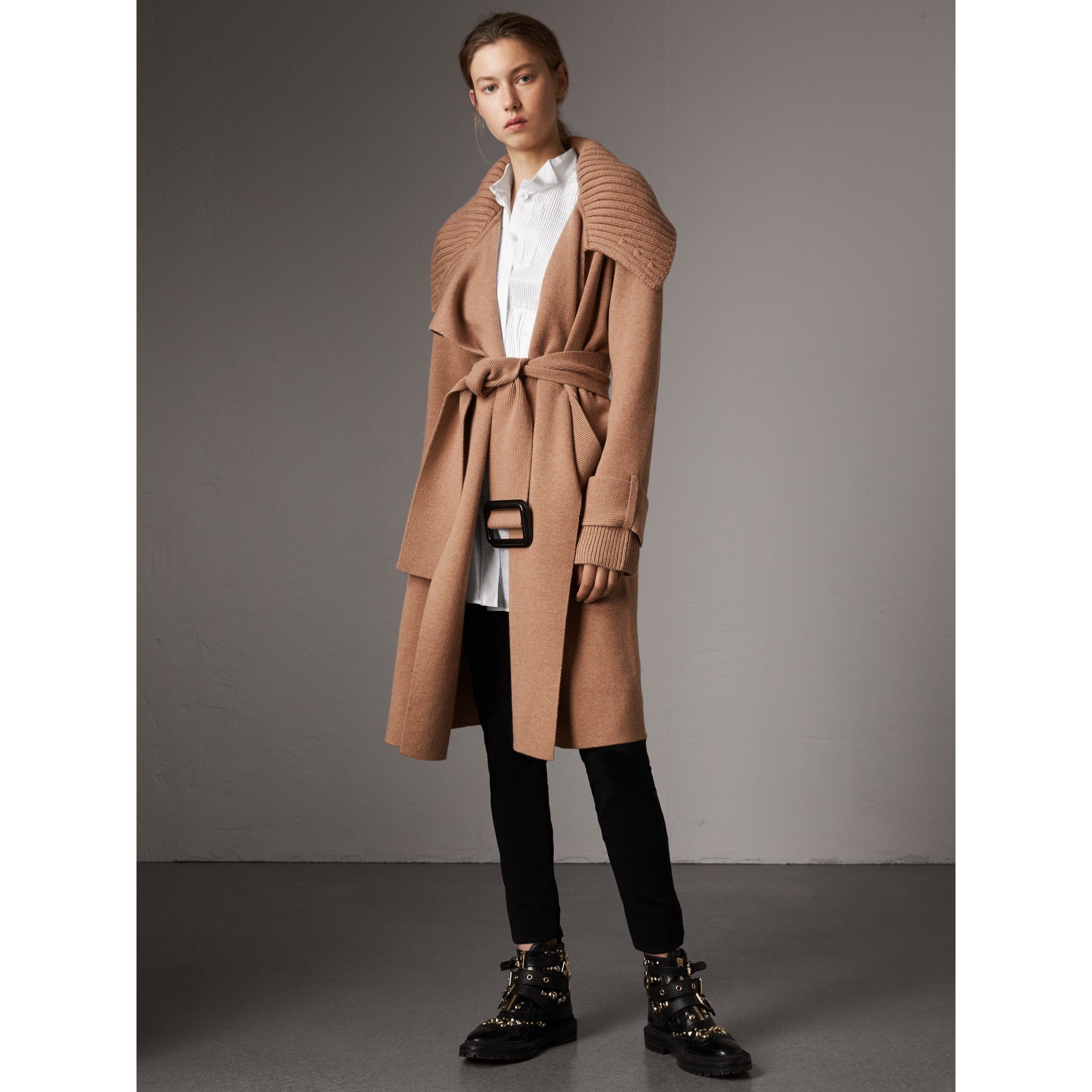 Knitted Wool Cashmere Wrap Coat in Camel - Women | Burberry United States