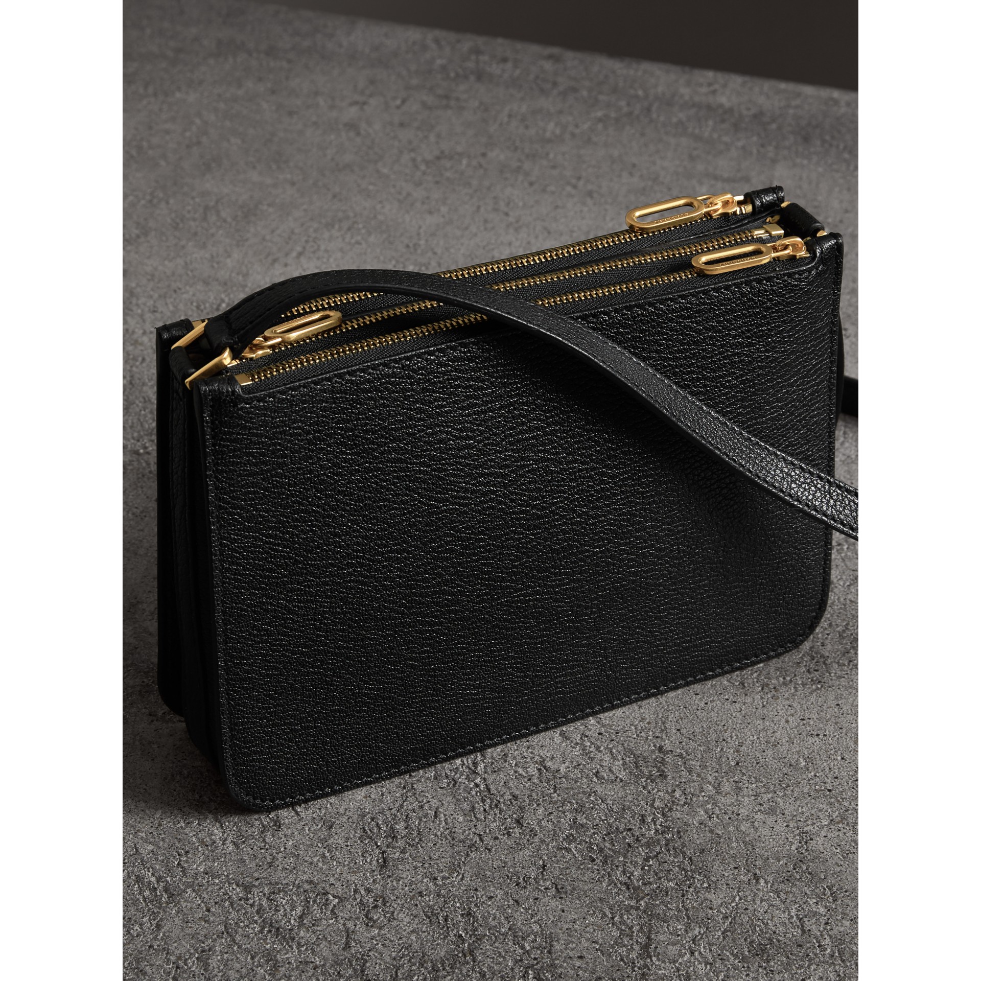Triple Zip Grainy Leather Crossbody Bag in Black/gold Women