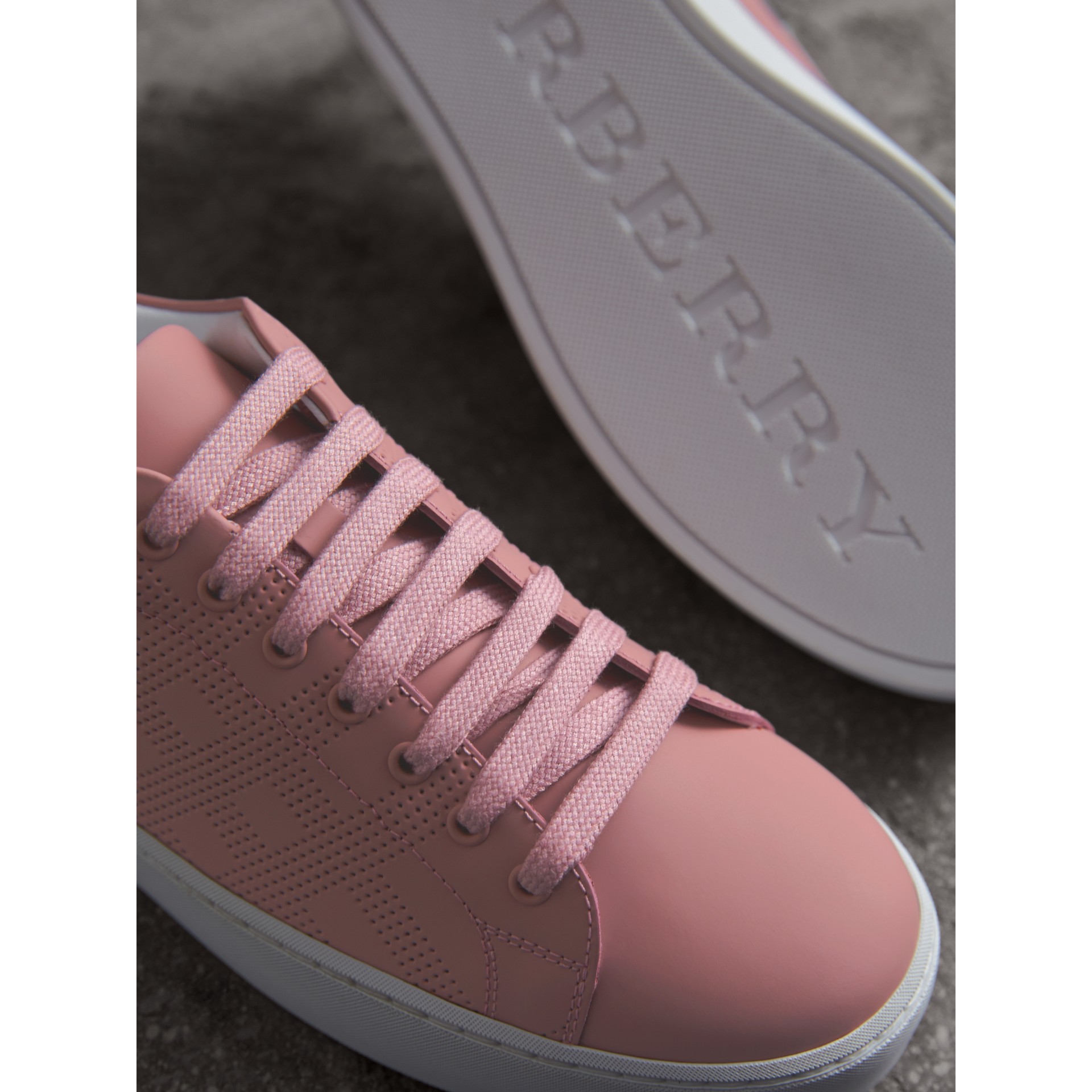 Perforated Check Leather Trainers in Rose Pink | Burberry