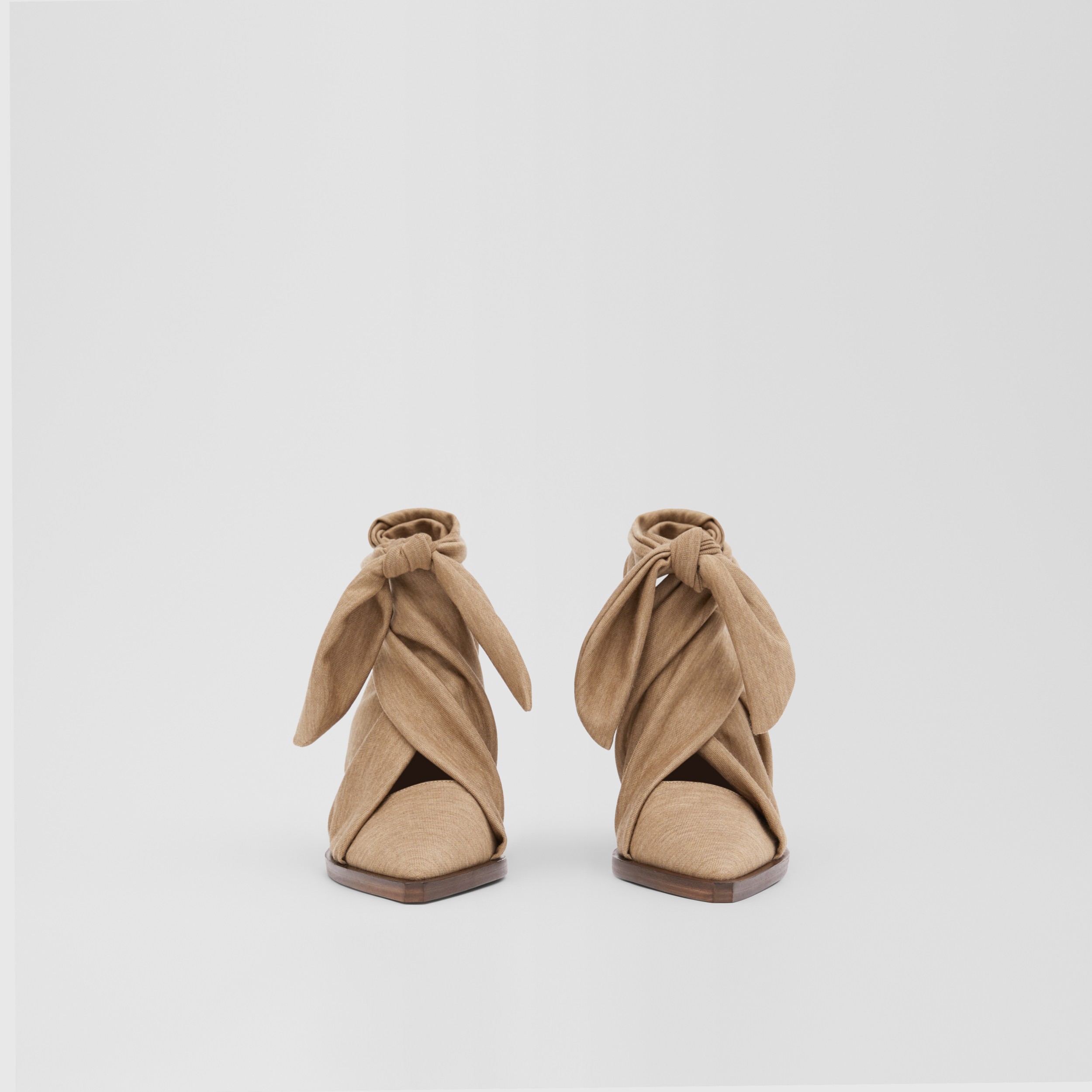 Scarf Tie Detail Technical Wool Pointtoe Mules in Pecan Melange