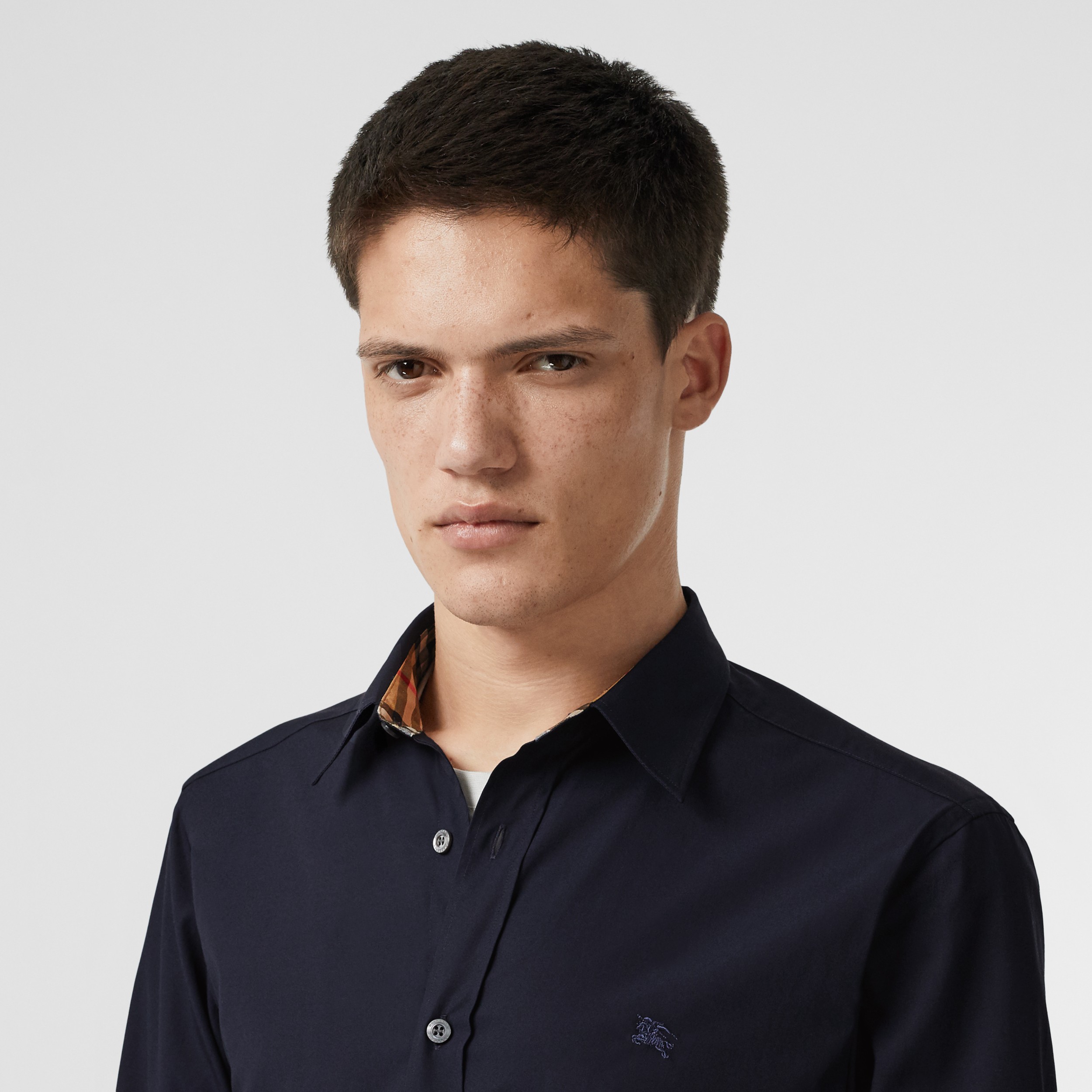 Contrast Button Stretch Cotton Shirt in Navy - Men | Burberry United States