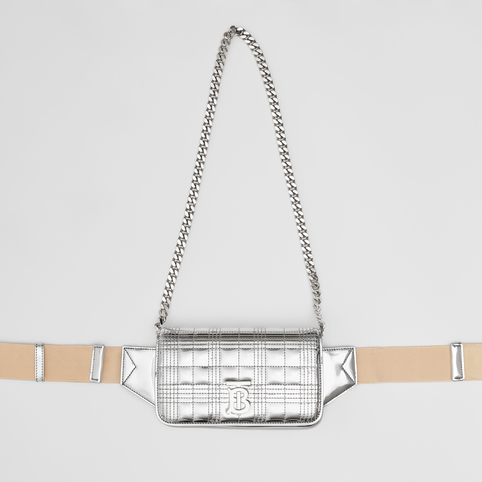 Quilted Metallic Lola Bum Bag with Chain Strap in Silver Burberry