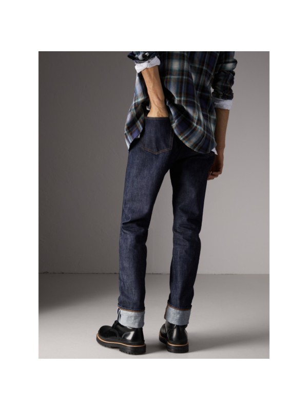 Relaxed Fit Japanese Selvedge Denim Jeans in Mid Indigo Blue Men