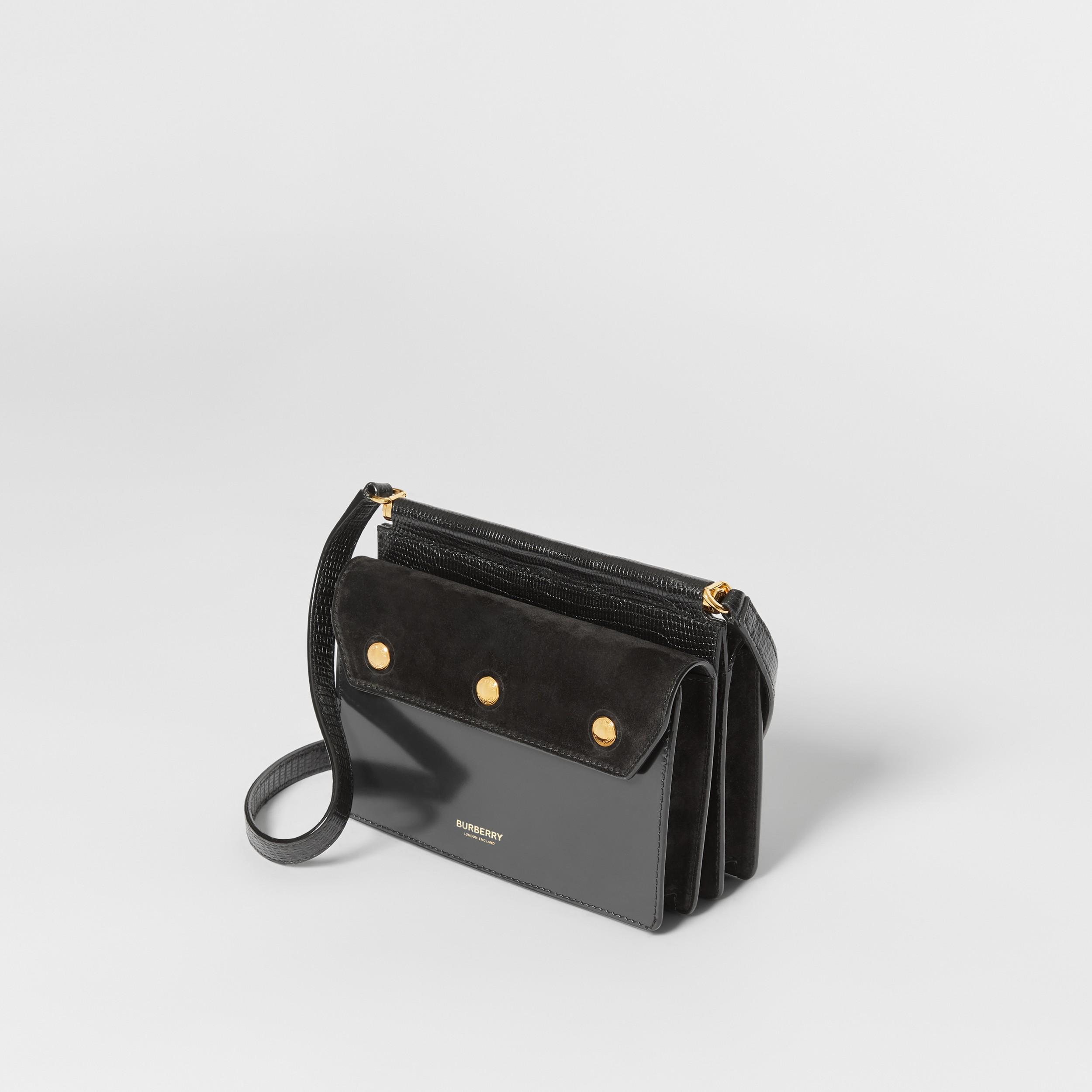 Mini Suede and Leather Title Bag with Pocket Detail in Black - Women ...