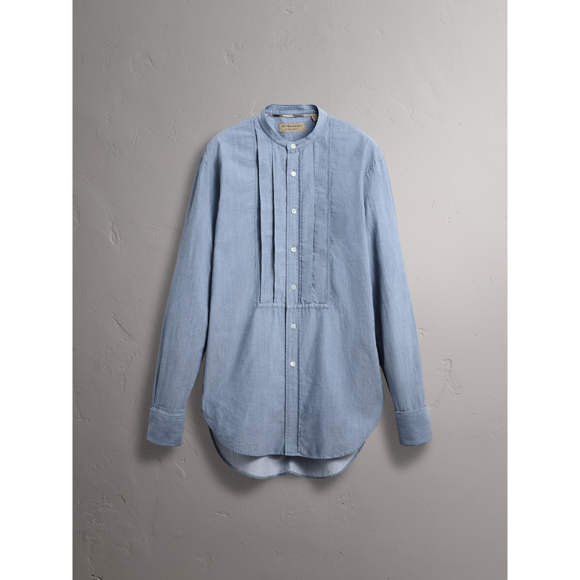 Grandad Collar Pleated Bib Cotton Shirt in Denim Blue Men Burberry United States