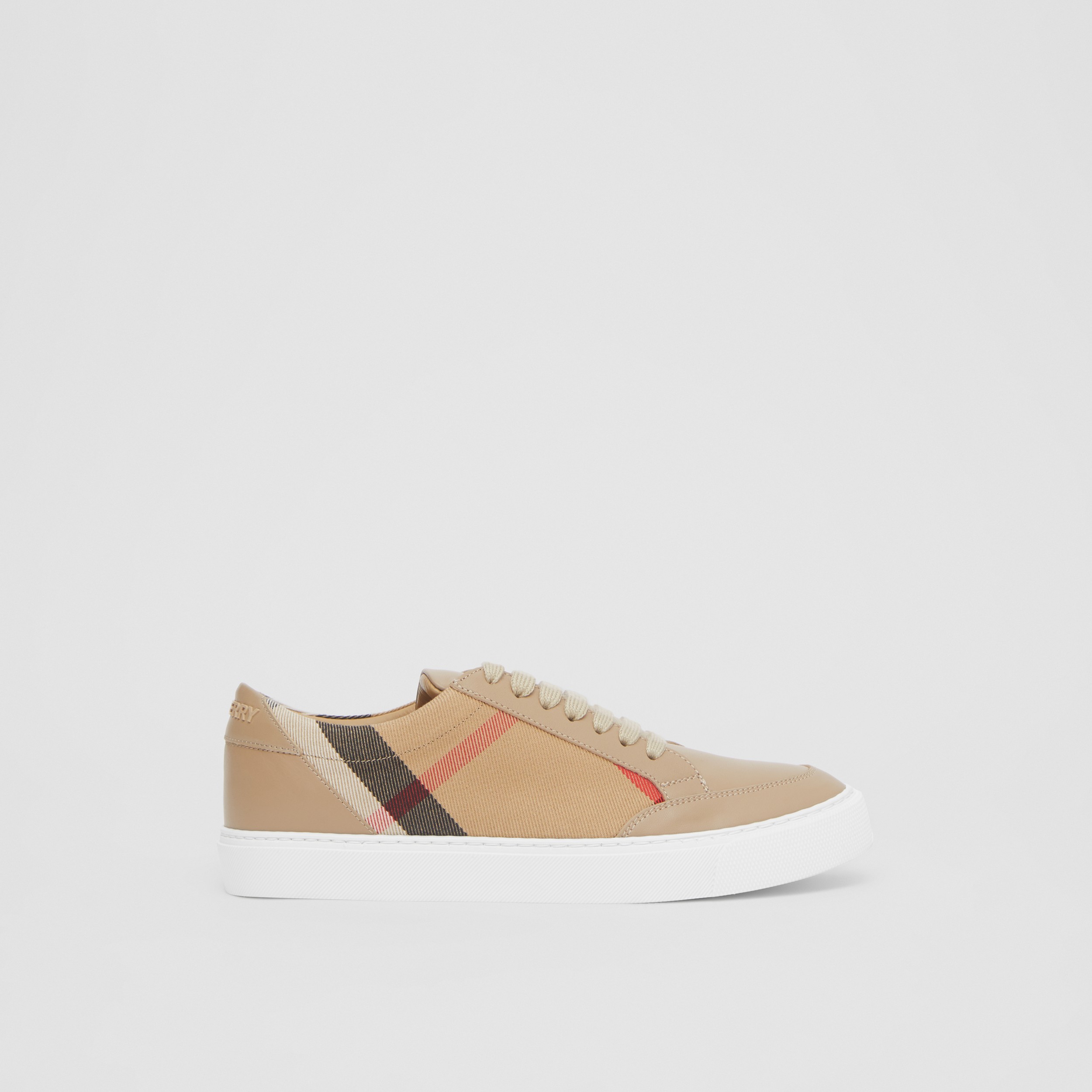 House Check Cotton and Leather Sneakers in Tan - Women | Burberry® Official - 1