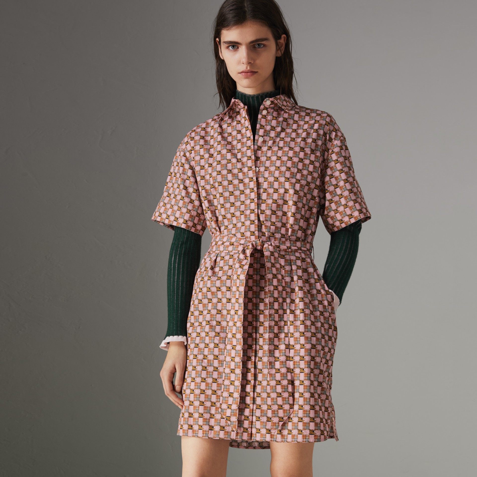 Tiled Archive Print Cotton Shirt Dress in Pink - Women | Burberry ...