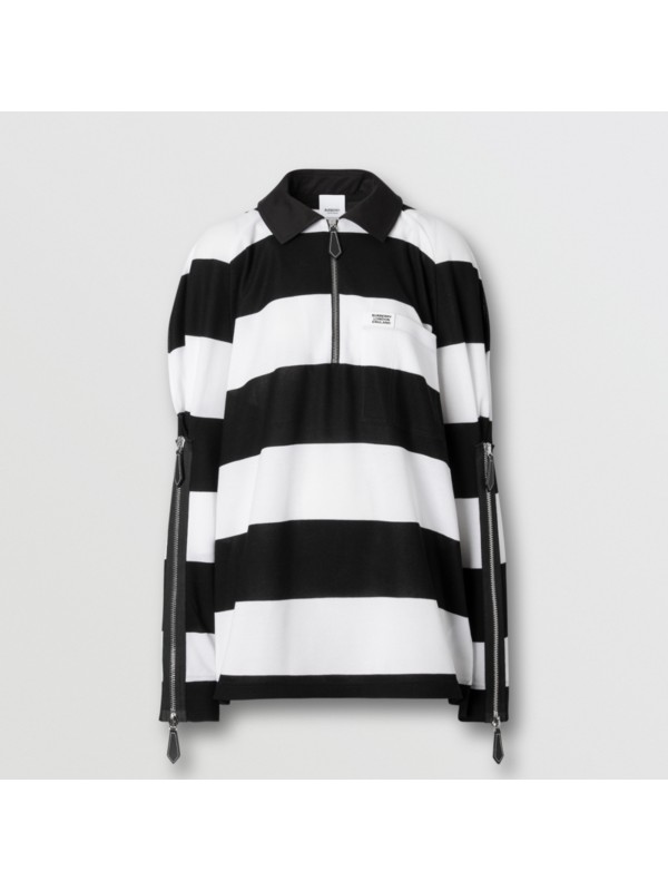 Zip Detail Striped Cotton Piqué Oversized Rugby Shirt in Black/white