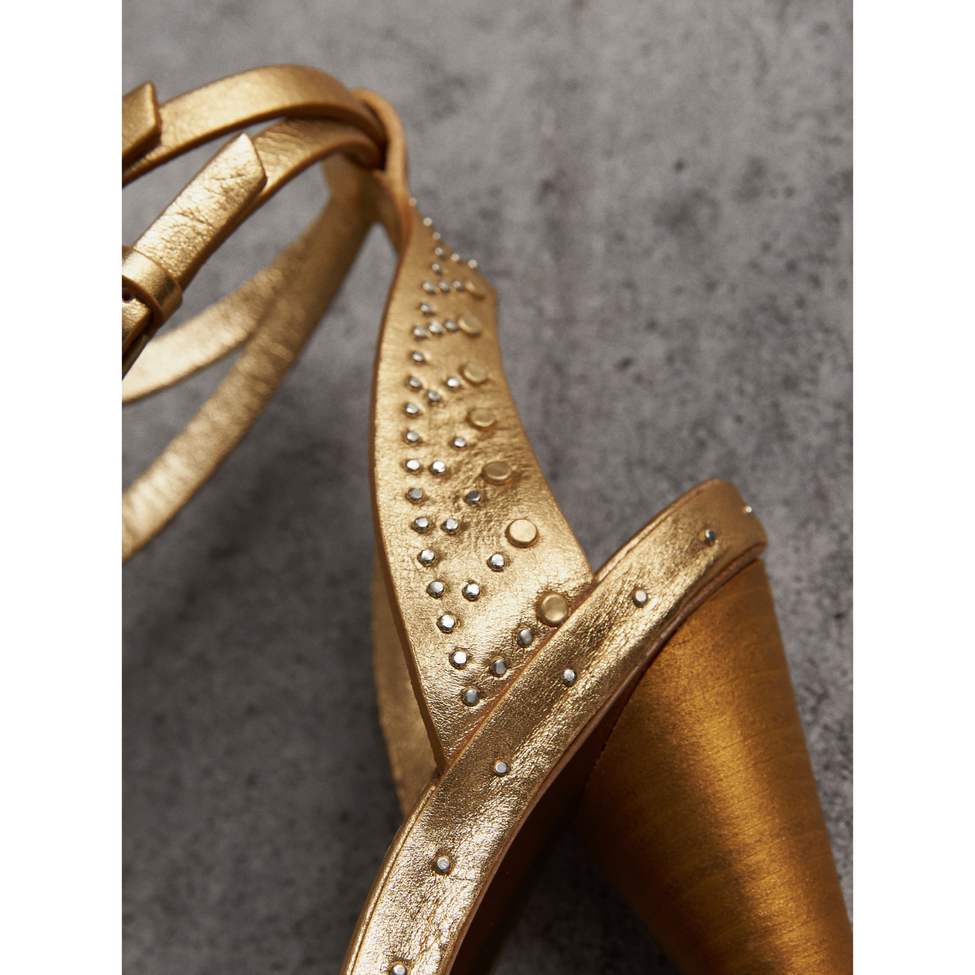 Riveted Metallic Leather High Coneheel Sandals in Gold Women Burberry United States