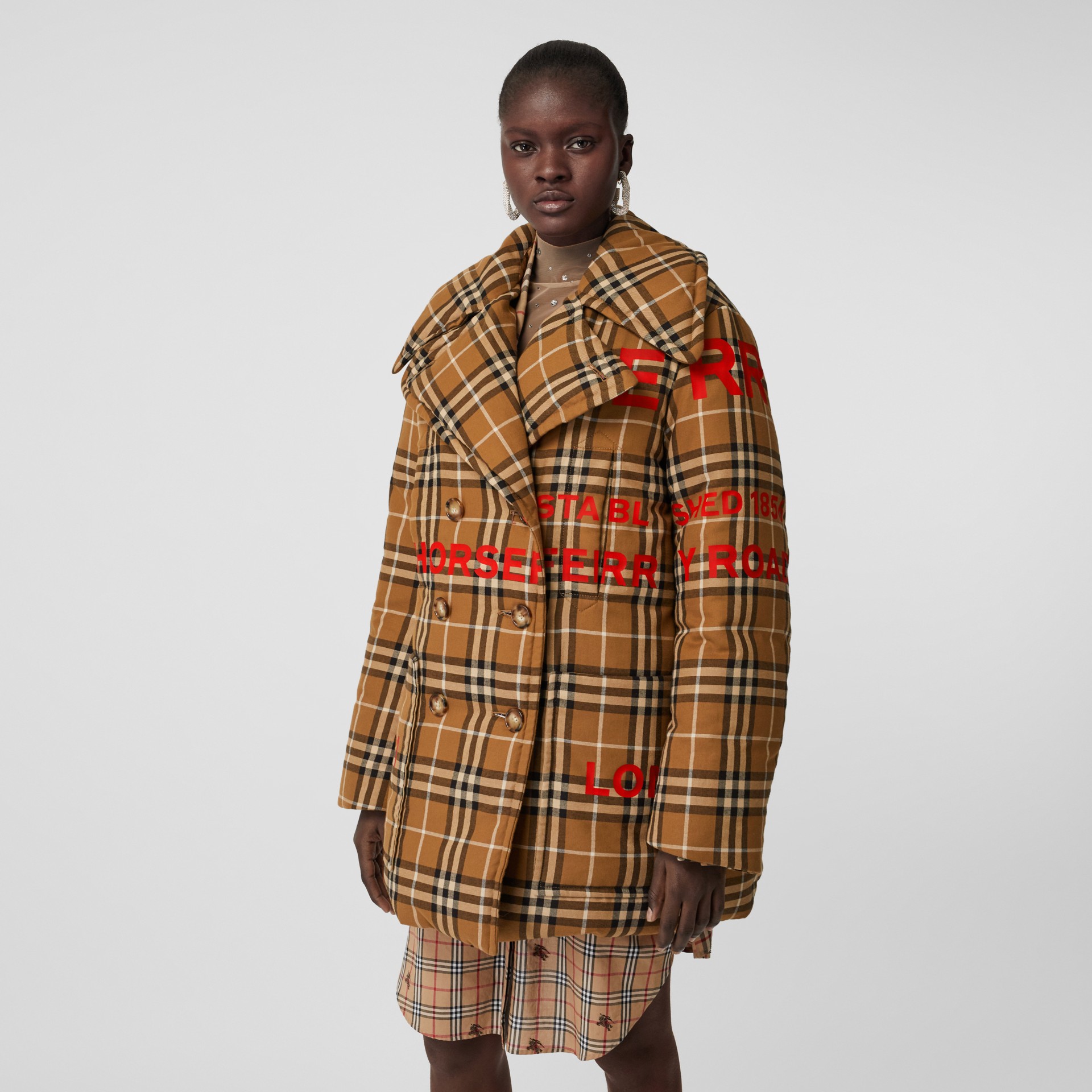 Horseferry Print Check Down-filled Oversized Pea Coat in Warm Walnut ...