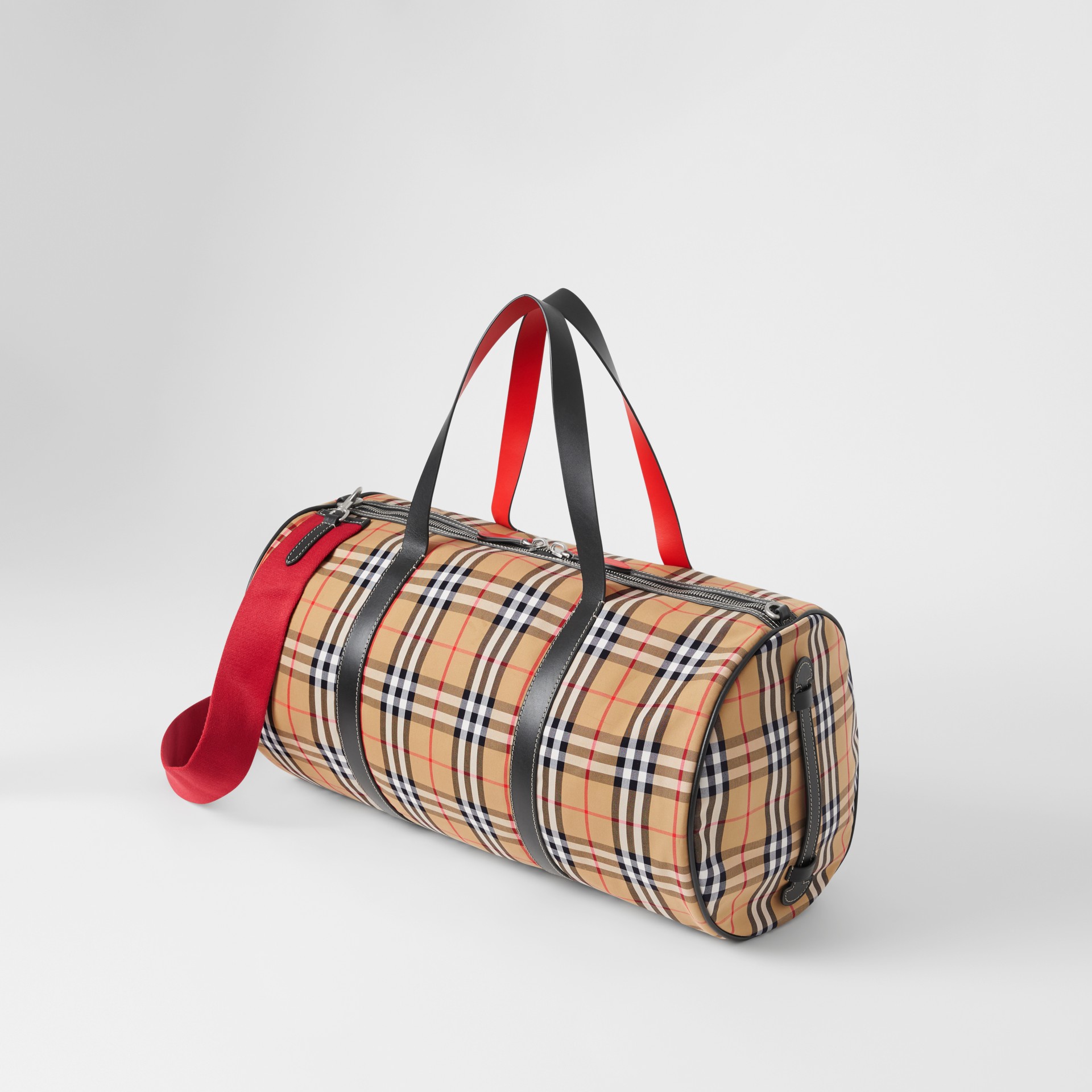 Large Vintage Check and Leather Barrel Bag in Military Red - Men | Burberry Australia