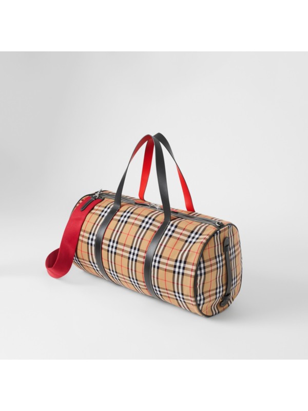 Large Vintage Check and Leather Barrel Bag in Military Red - Men ...