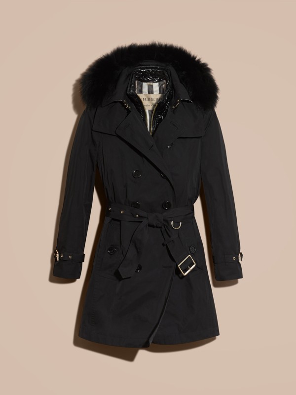 Fur-trimmed Hood Trench Coat with Detachable Gilet in Black - Women