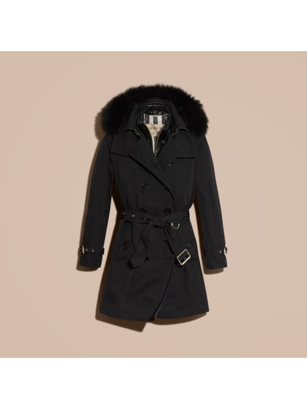 Fur-trimmed Hood Trench Coat with Detachable Gilet in Black - Women