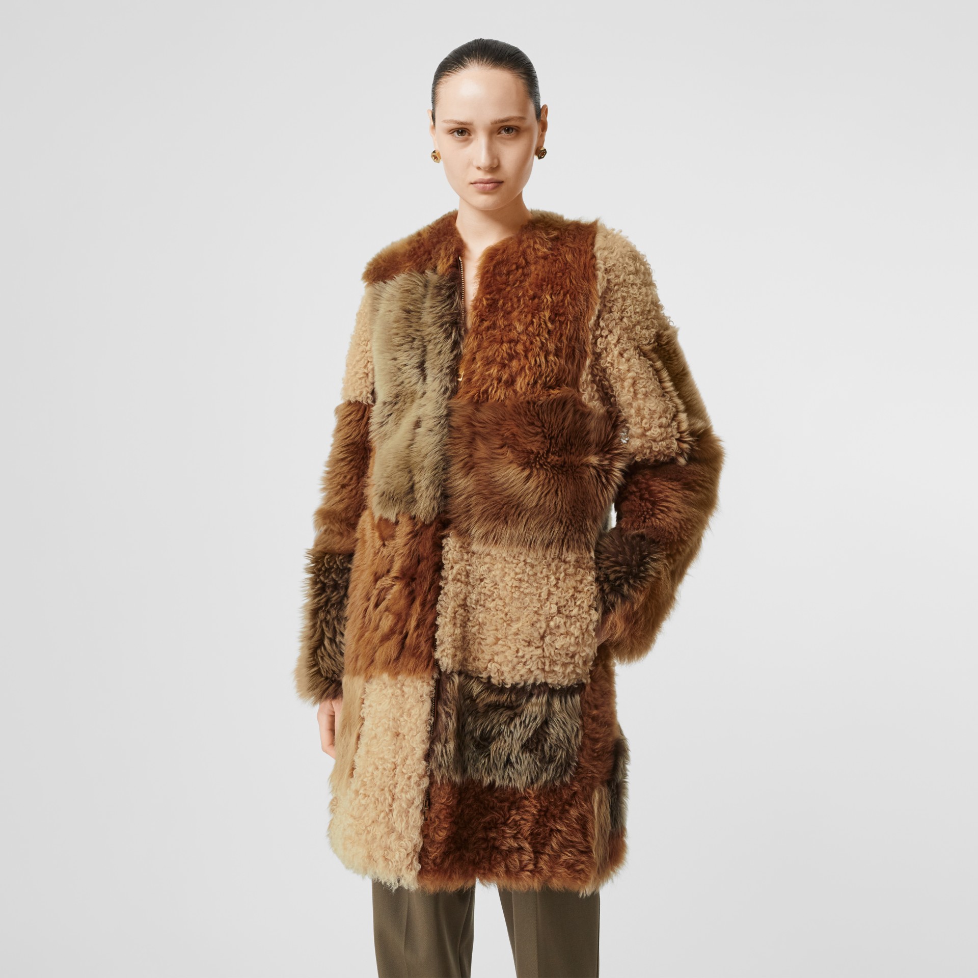 Patchwork Shearling Coat in Toffee - Women | Burberry United States