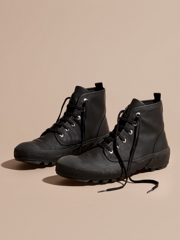 Lace-up Rubberised Leather Boots in Black | Burberry United States