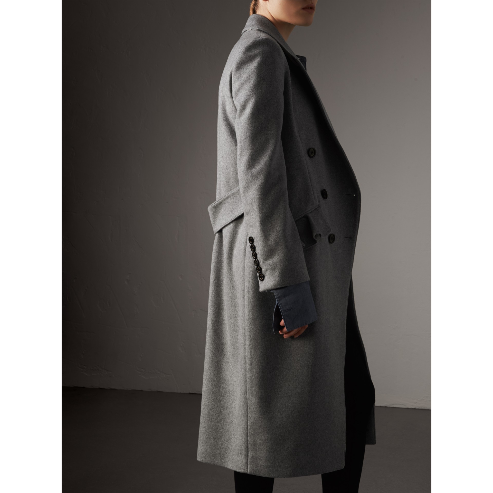 Ruffle Detail Wool Cashmere Tailored Coat in Pale Grey Melange Women