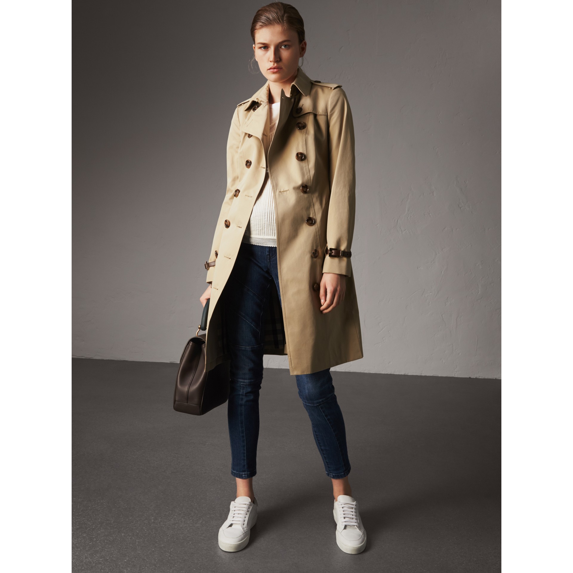 Leather Trim Cotton Gabardine Trench Coat in Honey - Women | Burberry