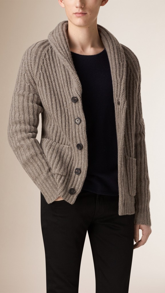 Shawl Collar Wool Cashmere Cardigan in Taupe Brown - Men | Burberry ...