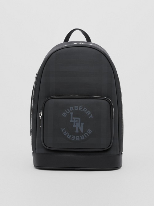 Burberry Logo Graphic London Check And Leather Backpack In 深炭灰