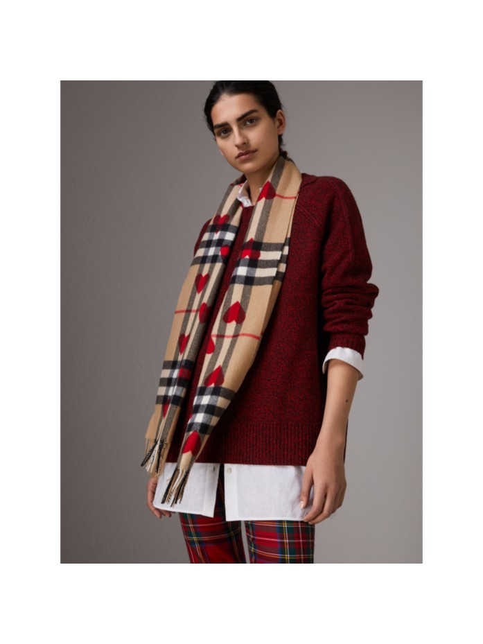 心形图案经典格纹羊绒围巾 (缤纷红色) | burberry 博柏利