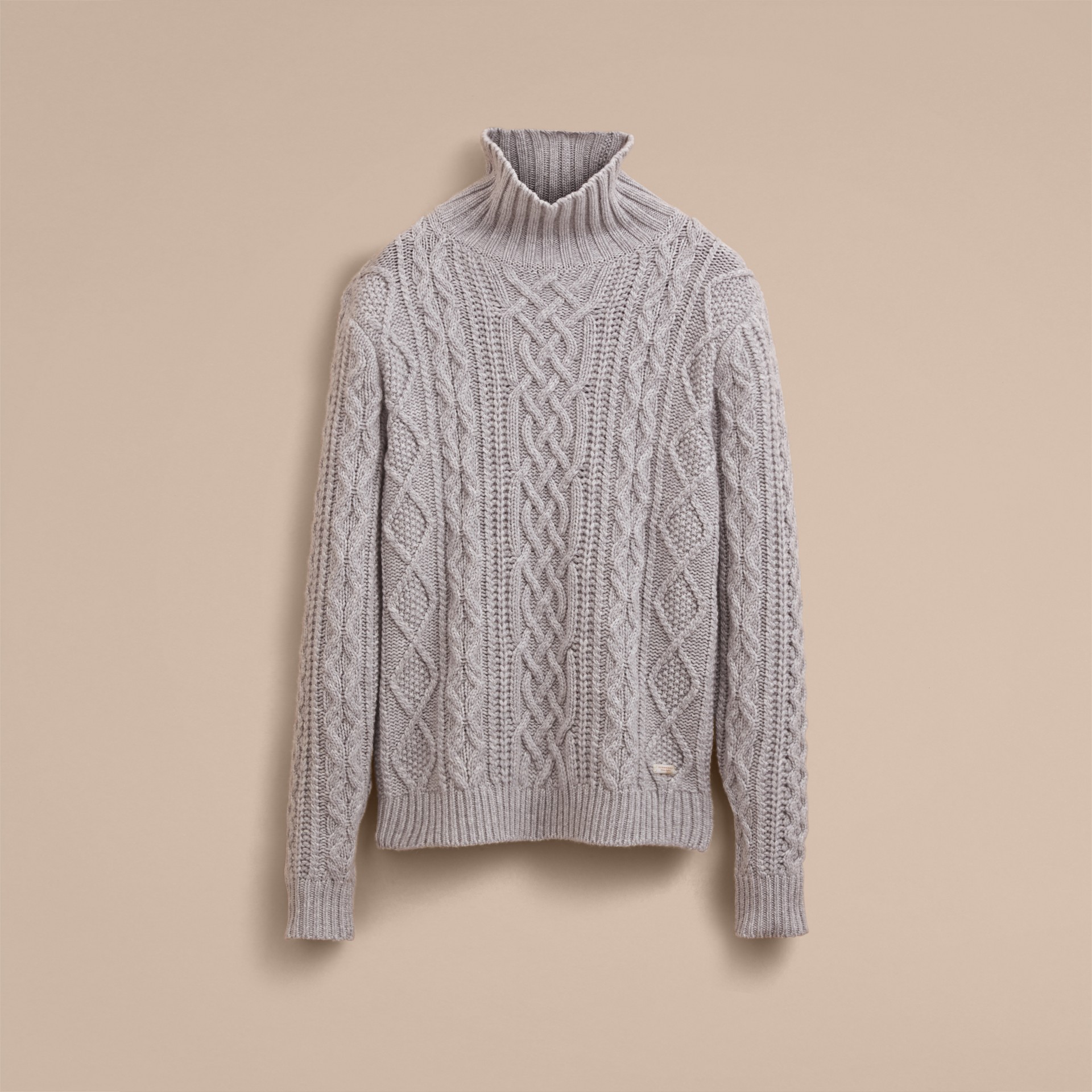 Funnel Neck Cashmere Cable Knit Sweater in Pale Grey Melange - Men ... Funnel Neck Cashmere Cable Knit Sweater in Pale Grey Melange - Men ...