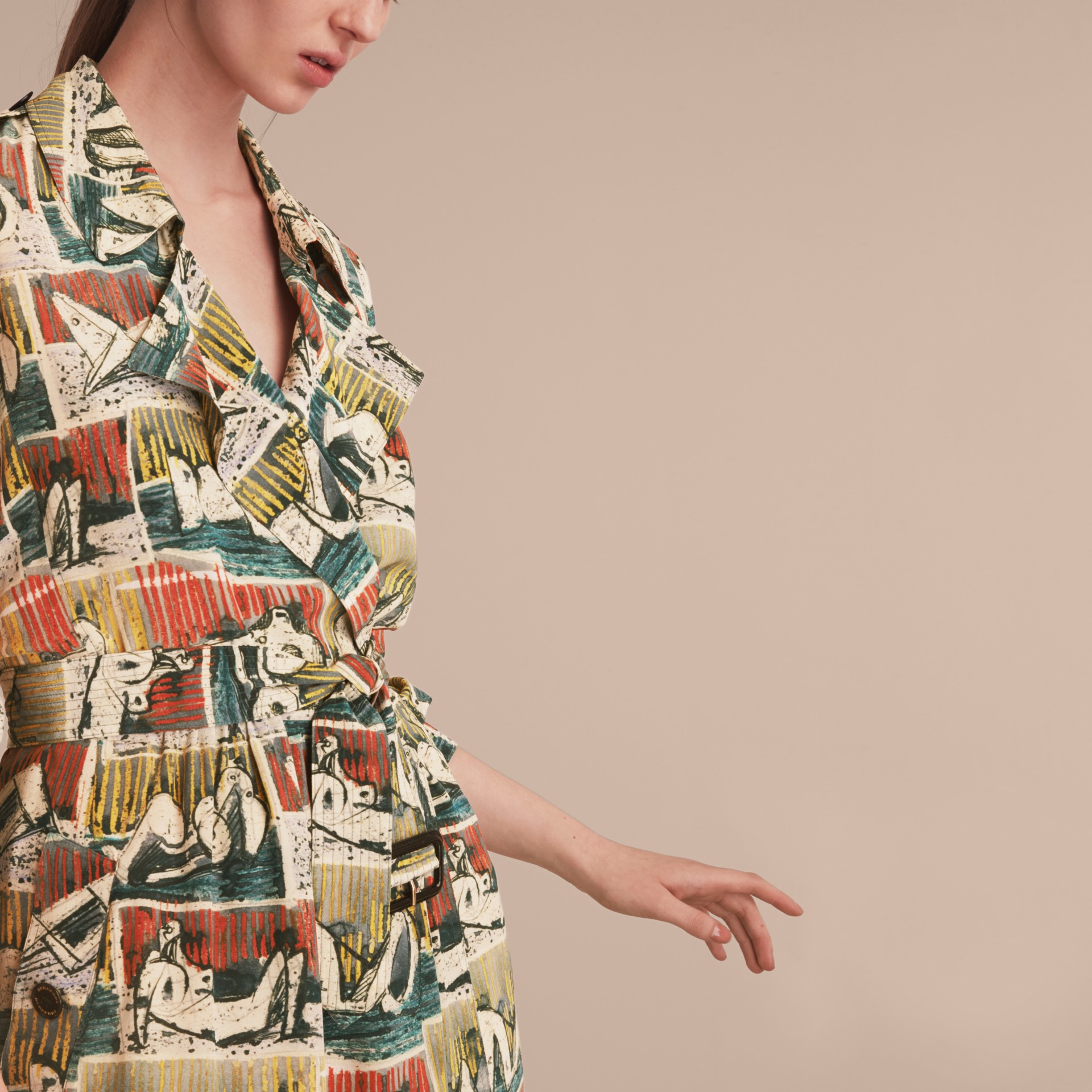 Silk Wrap Trench Dress with Reclining Figures Print in Stone Blue