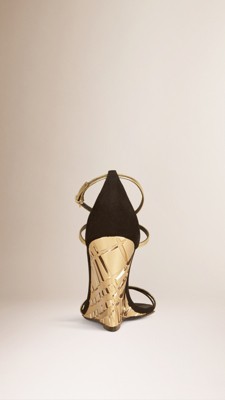 low gold strappy heels