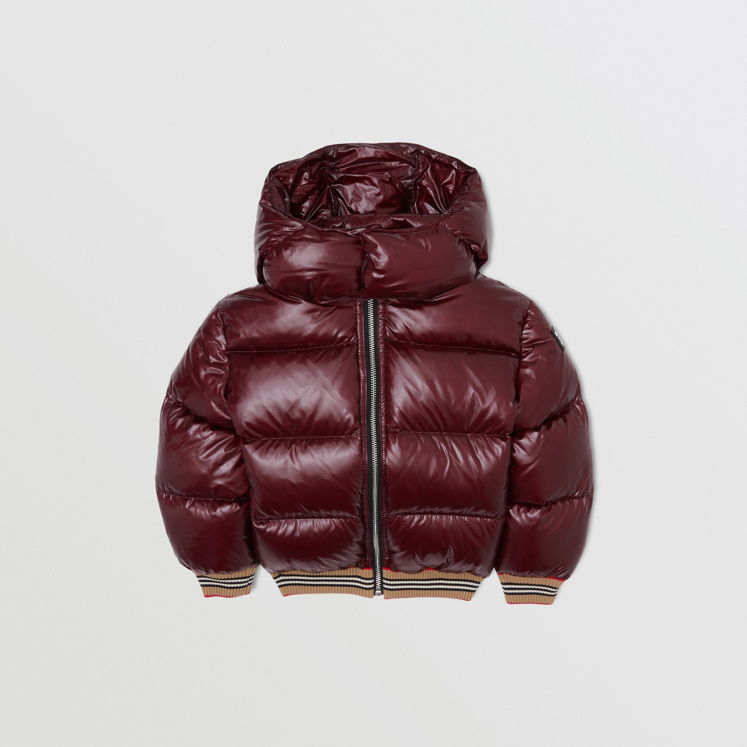 Icon Stripe Detail Hooded Puffer Jacket in Burgundy | Burberry