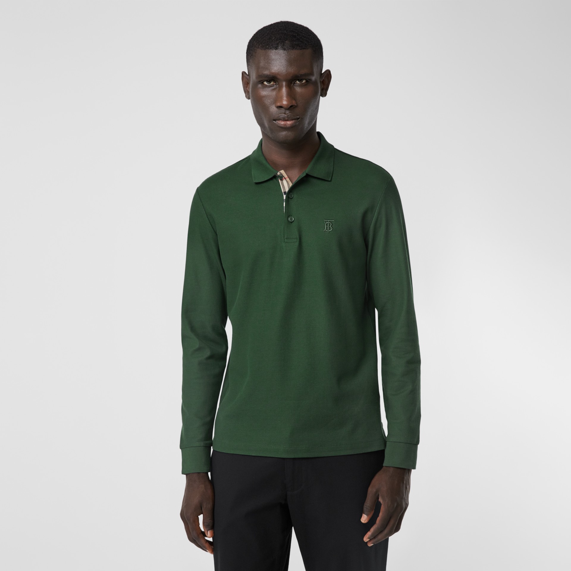 Long-sleeve Monogram Motif Cotton Piqué Polo Shirt in Dark Pine Green ...