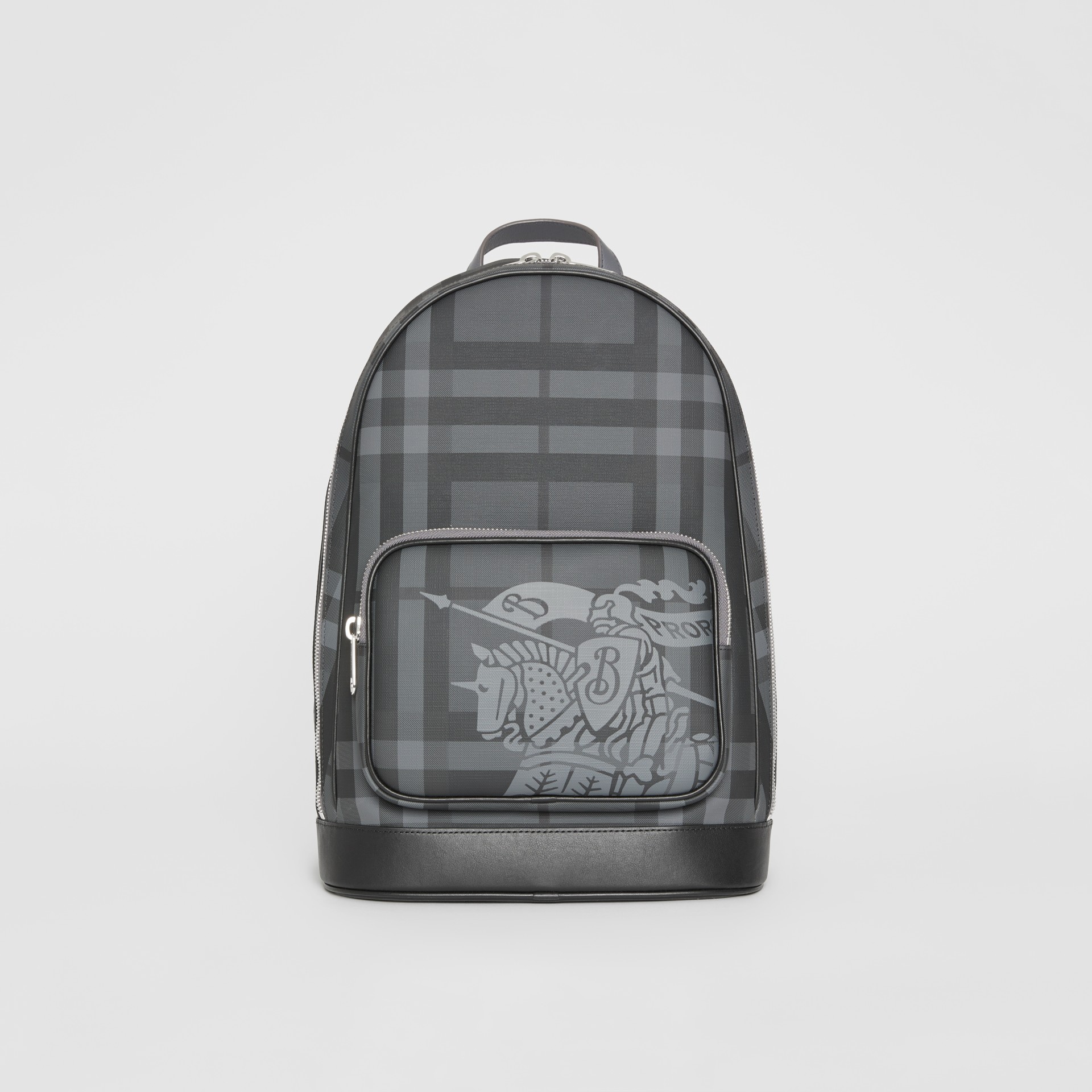 Shop Burberry Ekd London Check And Leather Backpack In Charcoal/black