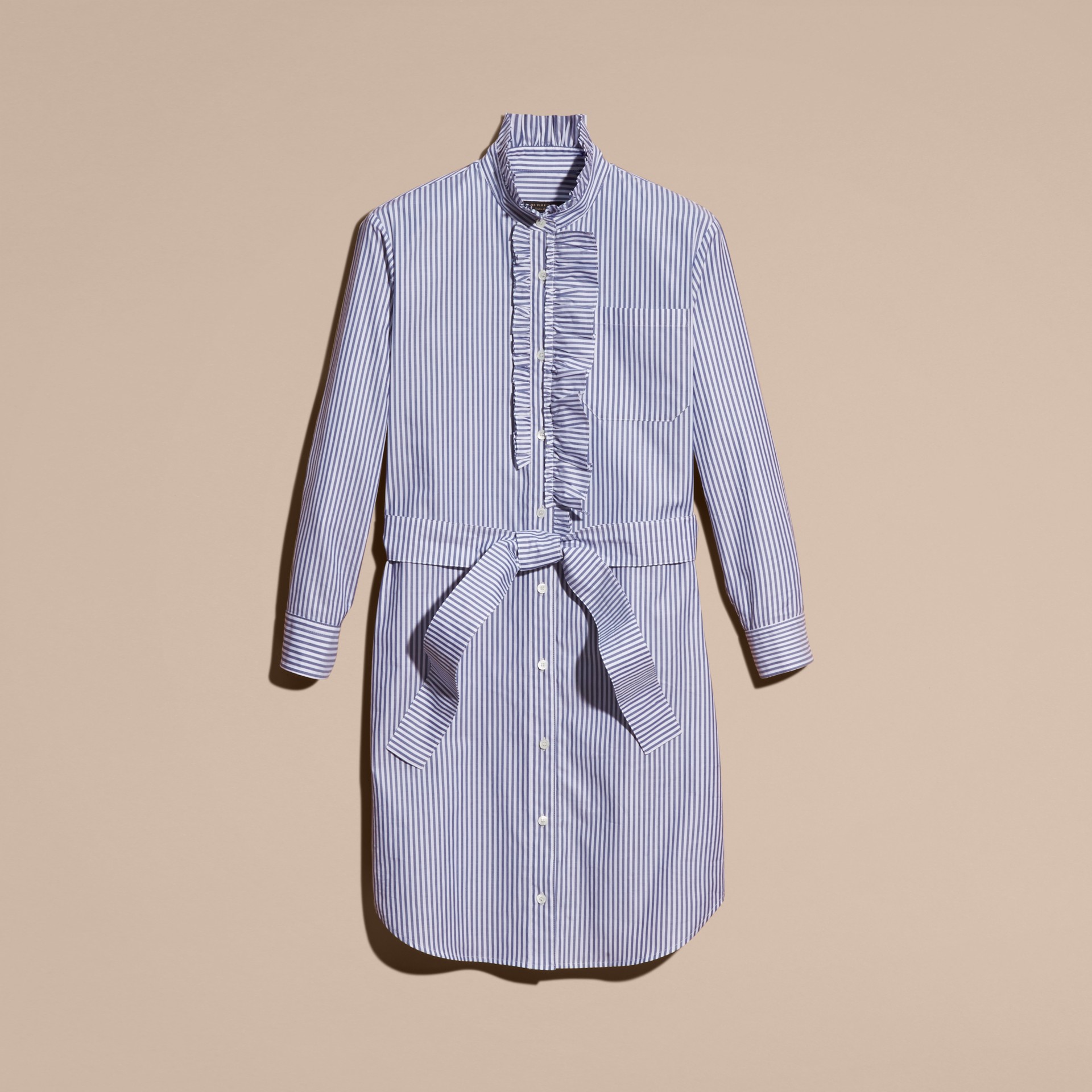Striped Cotton Shirt Dress with Ruffles in Navy | Burberry