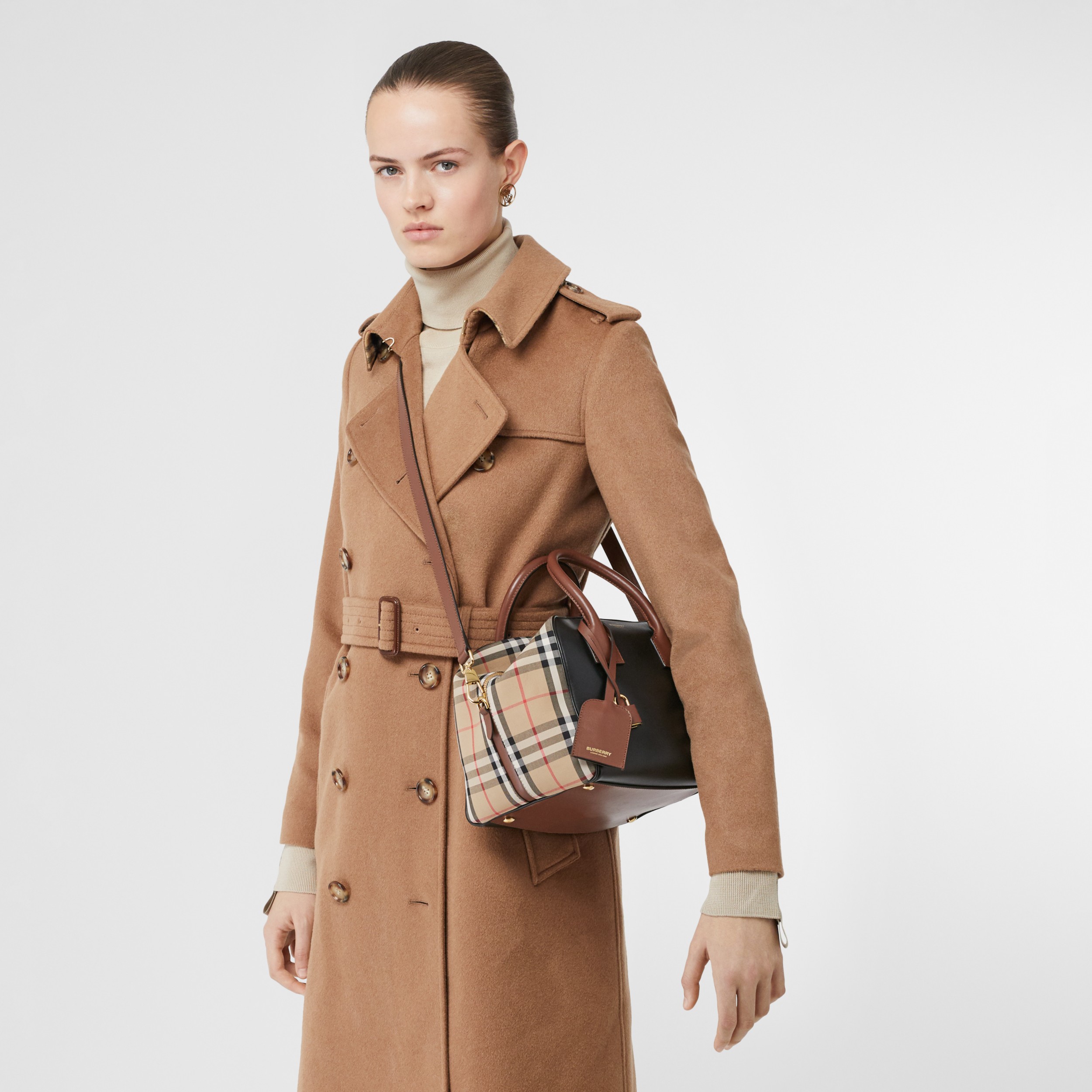 Small Leather and Vintage Check Cube Bag in Archive Beige - Women | Burberry United States - 3