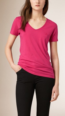 完美桃红色 平织棉质 v 领 t 恤衫 