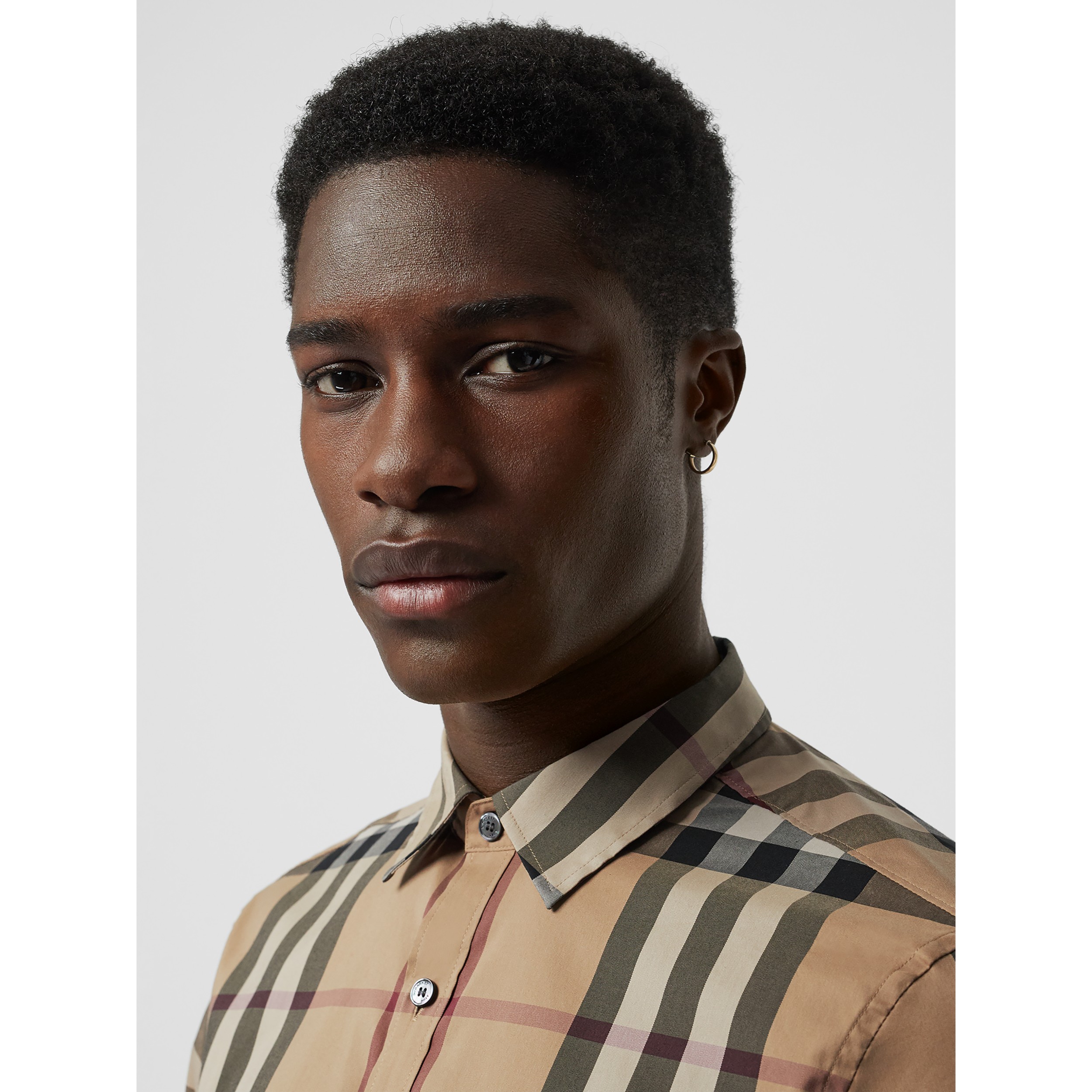 Short-sleeved Check Stretch Cotton Shirt in Camel - Men | Burberry ...