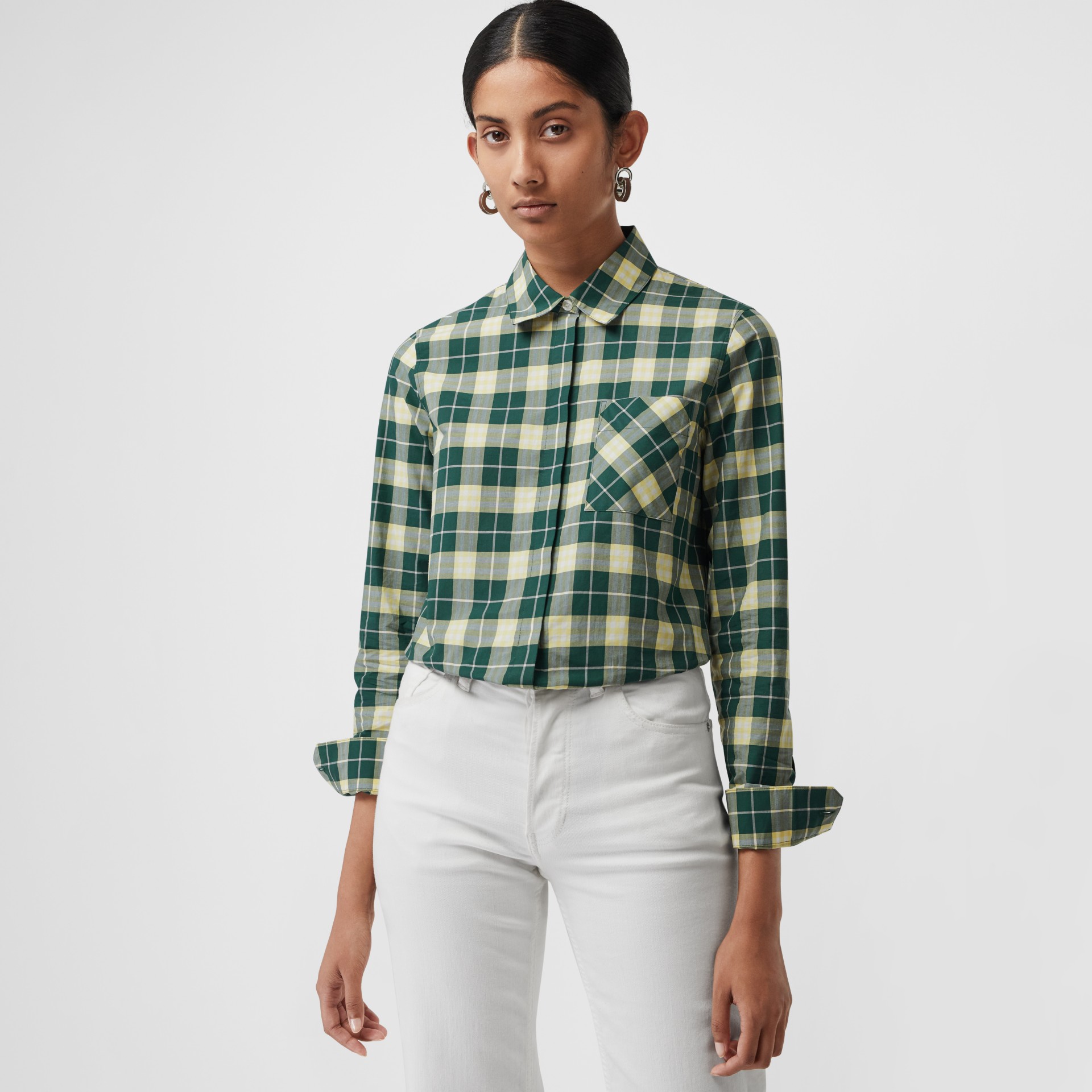 Check Cotton Shirt in Dark Cedar Green - Women | Burberry United States