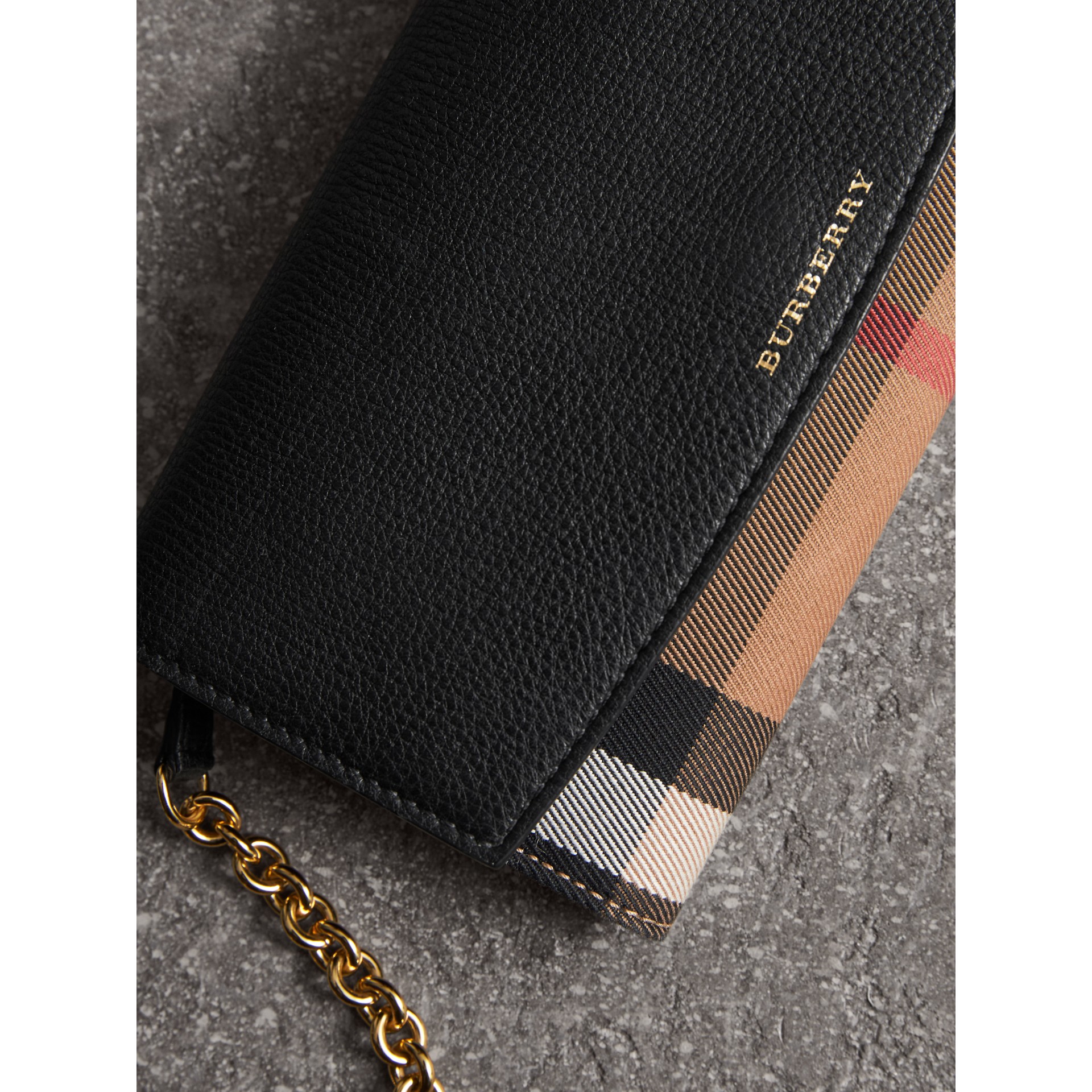 House Check and Leather Wallet with Chain in Black Women Burberry