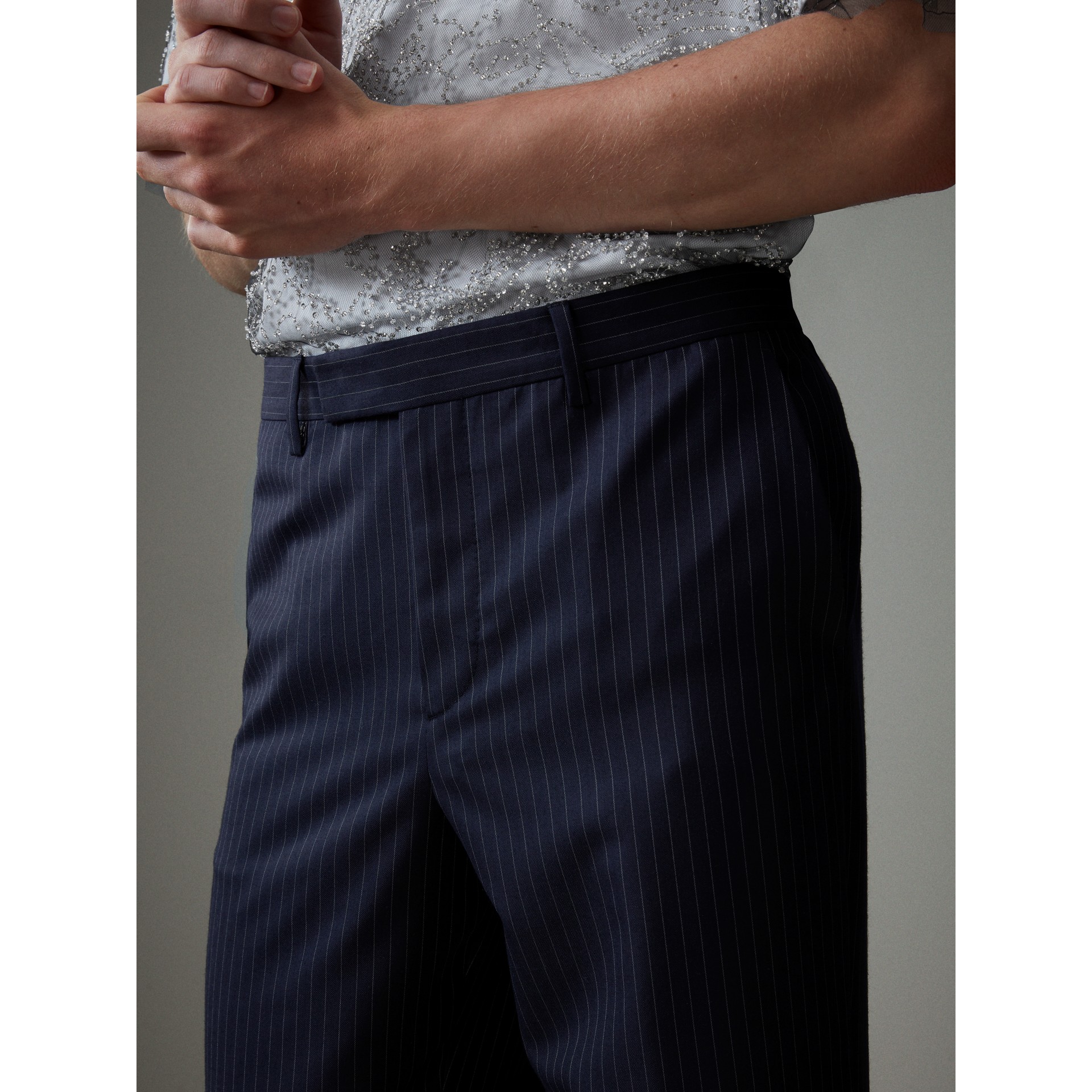 navy pinstripe wide leg trousers