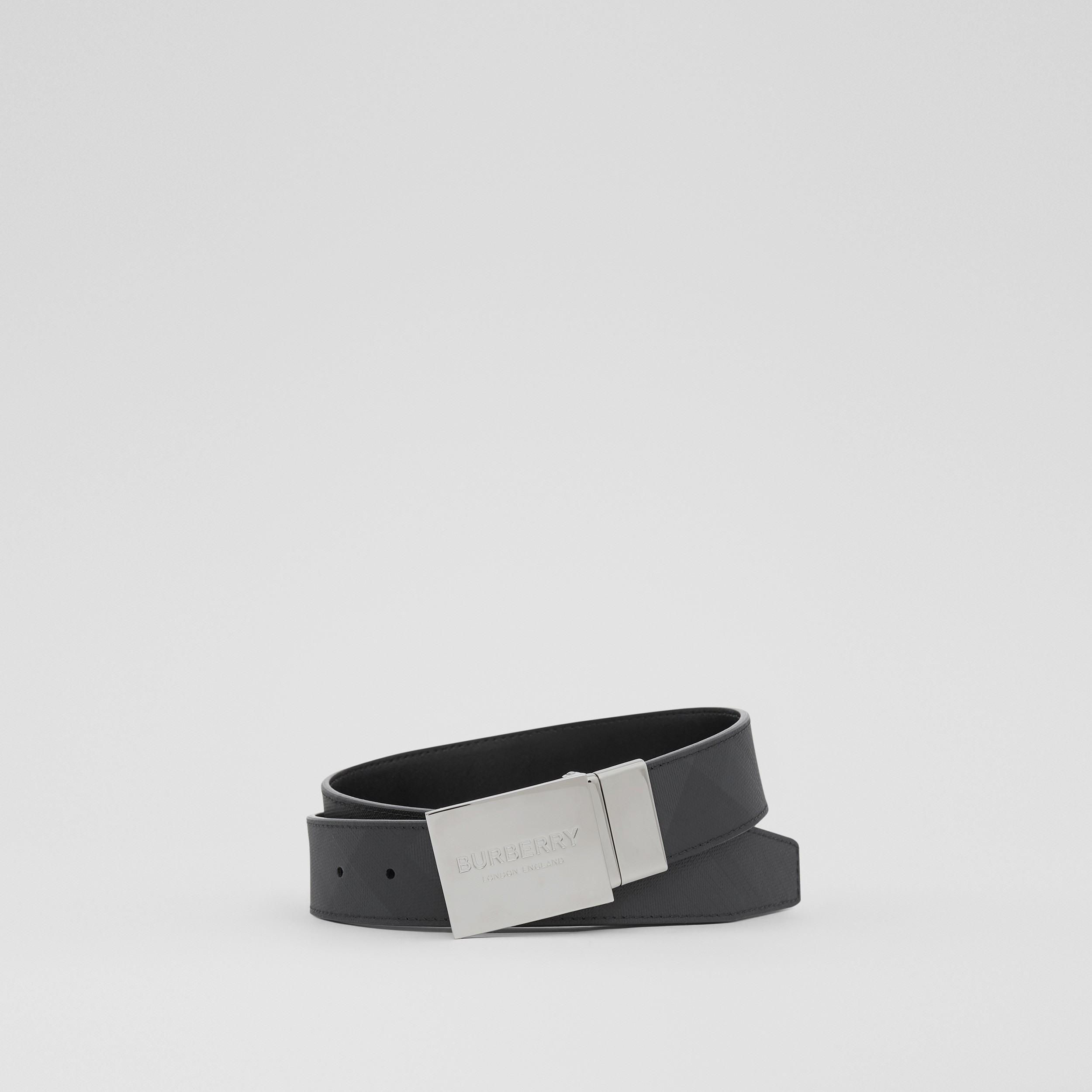 Reversible Plaque Buckle London Check and Leather Belt in Dark Charcoal/black - Men | Burberry® Official - 1